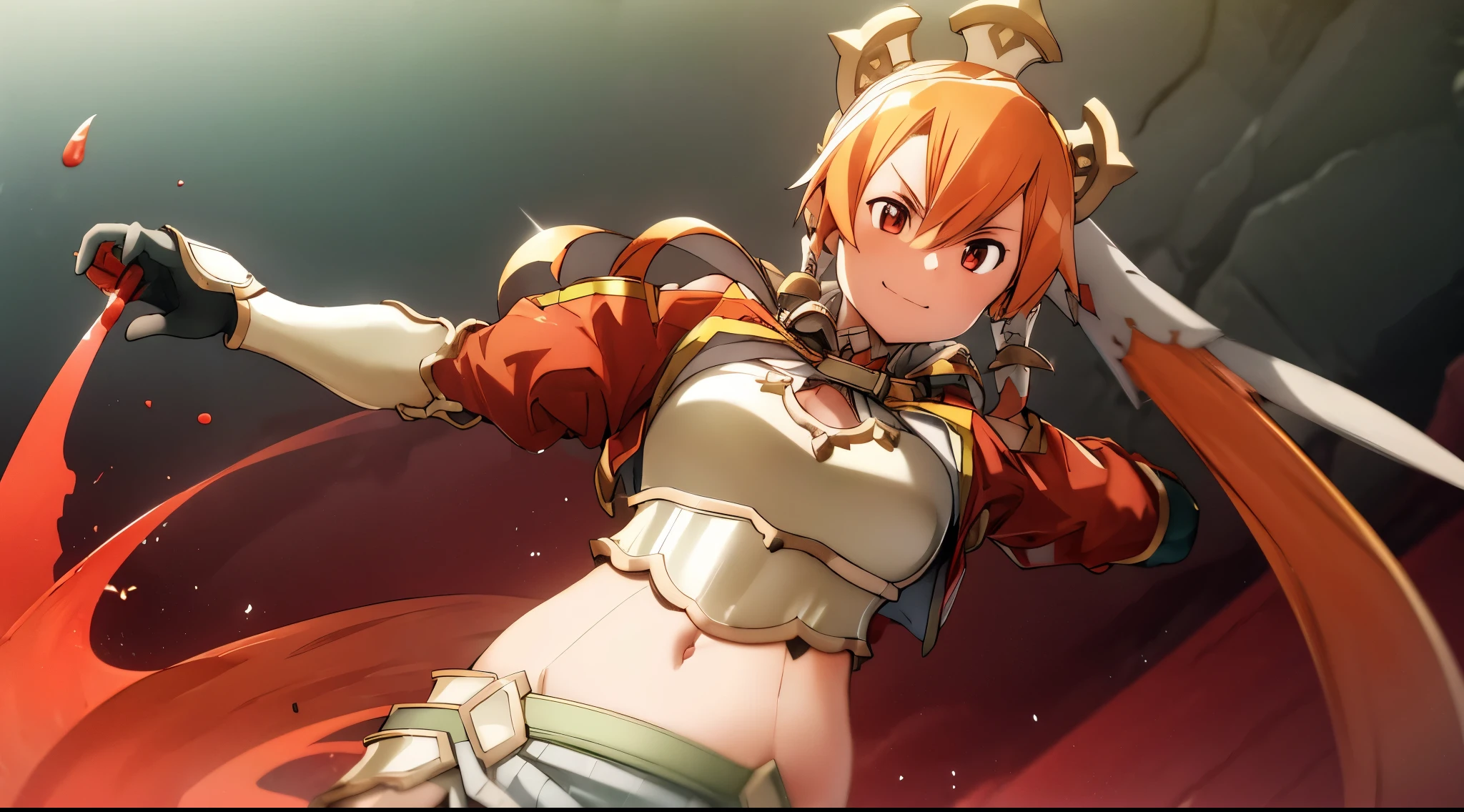 girl, belly button, big breasts, Queen, bullying, has the head of a male doll, red fluid on body, red liquid on armor, belly buttonについた赤い液, Red fluid on my chest, tall, long sword, slashing sword, red liquid splashing, belly buttonについた赤い液 , red liquid on belly, gun, knife, sword, war, underwear, kill, remove the doll&#39;s head, shot from below, sensual, Red fluid on my chest, smile, A man is holding a doll&#39;s head, Grabbing the neck of a male doll, enemy is falling, giving the final blow