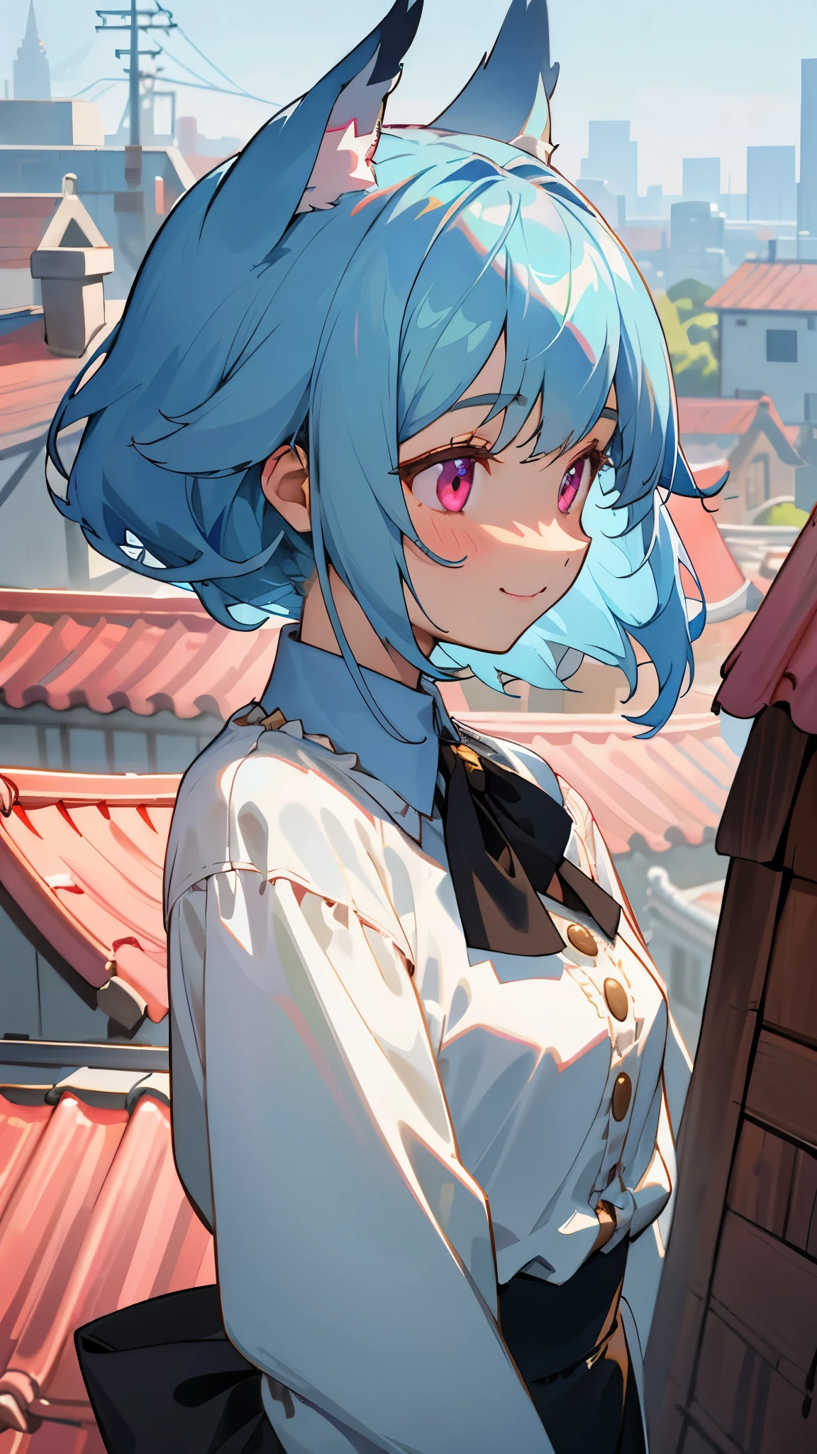 16 year old girl、(long sleeve blouse)、ruffle blouse、Formal style、small breasts、light blue hair、dog ears、pink eyes、profile、lots of acorns、smile、upper body close-up、Rooftop of urban building area