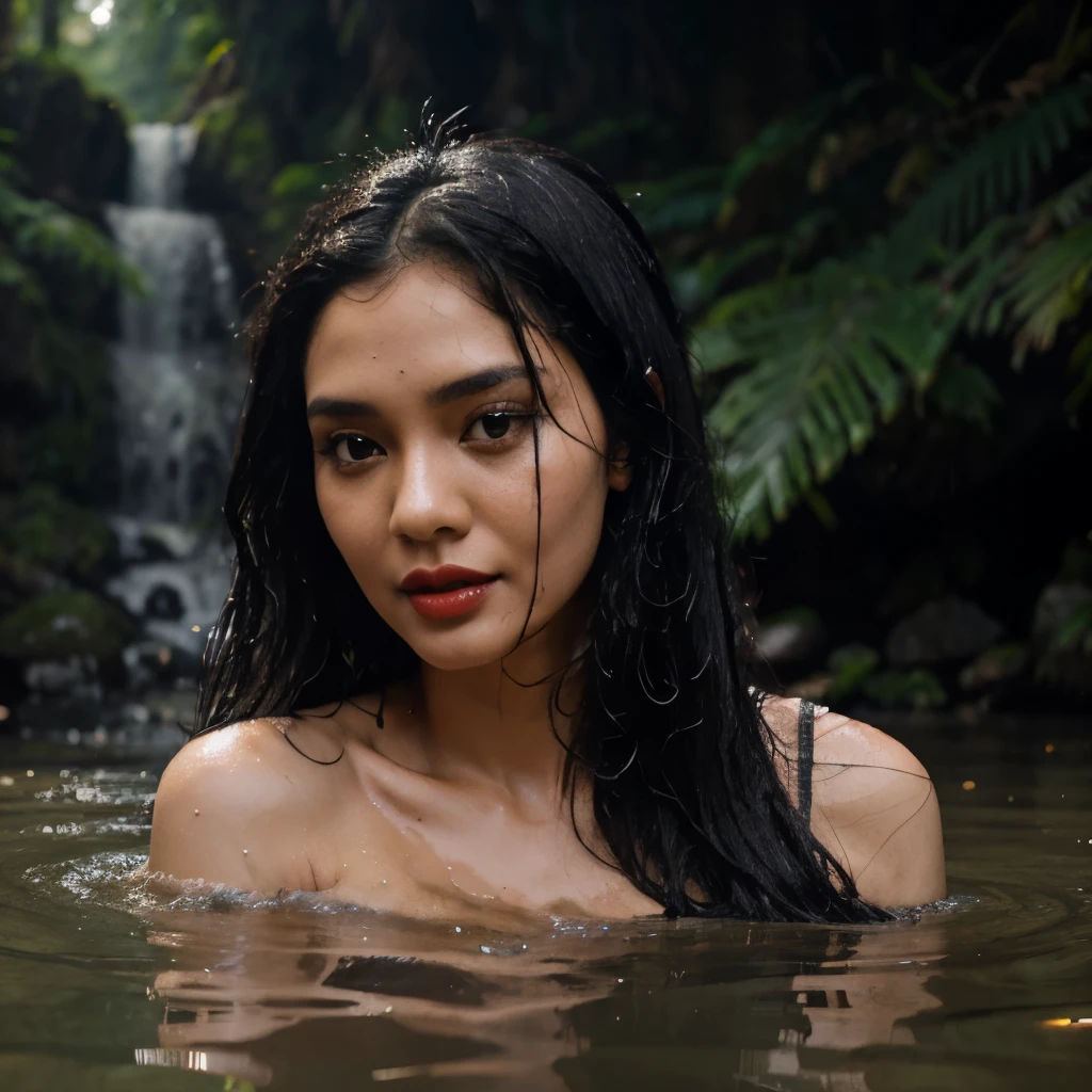 A beautiful 18 year old Javanese girl, sweet black, sexy body, bathing in a rocky river, her body submerged in water, her breasts slightly visible, her hair wet.