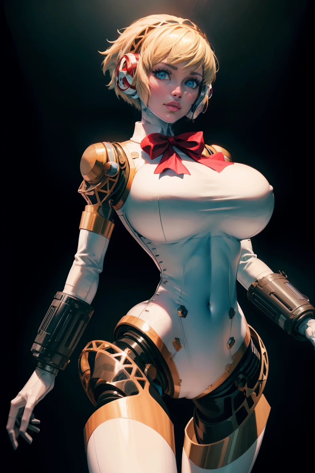 2d, masterpiece, best quality, highly detailed eyes, highly detailed face, (masterpiece, best quality:1.2), cowboy shot, solo, 1girl, ((aegis)), android, robot joints, looking at viewer, red bow, cowboy shot, feet out of frame, 1girl, solo, standing, (slendered abs), black background, (gigantic breasts:1.3), aegis, android, robot joints, headphones, looking at viewer, straight-on, blonde hair, white body, mature woman,