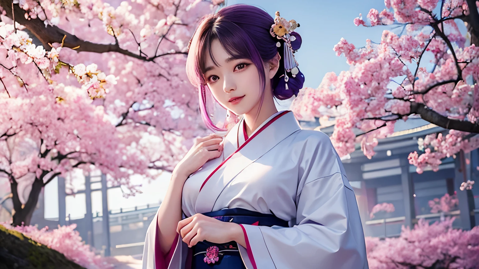 araffe woman in a kimono dress posing for a picture, in kimono, elegant japanese woman, wearing kimono, korean model, japanese kimono, japanese goddess, traditional japanese, in a kimono, wearing a kimono, pale and coloured kimono, white hanfu, kimono, wearing a simple robe, classic kimono, wearing a silk robe, wearing a simple robe, korean woman, Choi Hong Hwa , big breasts, show your chest, light purple hair、smile、beautiful eyes