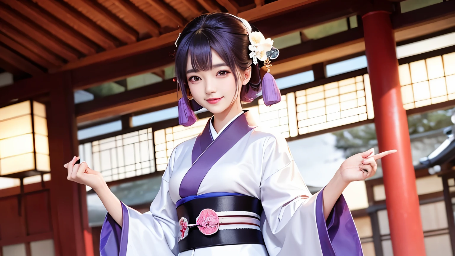 araffe woman in a kimono dress posing for a picture, in kimono, elegant japanese woman, wearing kimono, korean model, japanese kimono, japanese goddess, traditional japanese, in a kimono, wearing a kimono, pale and coloured kimono, white hanfu, kimono, wearing a simple robe, classic kimono, wearing a silk robe, wearing a simple robe, korean woman, Choi Hong Hwa , big breasts, show your chest, light purple hair、smile、beautiful eyes