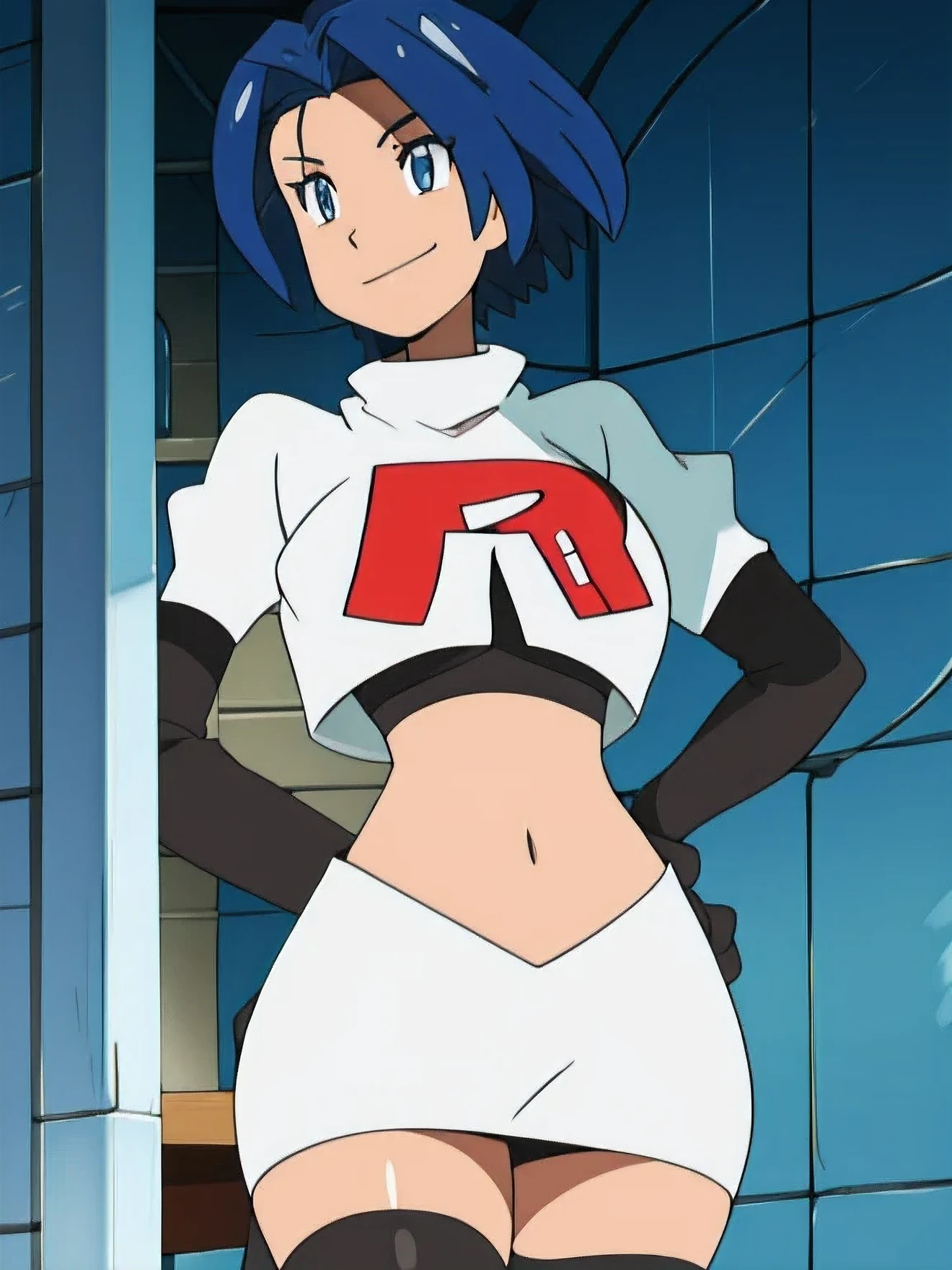 8k,1girl in, (solo:1.1), (perfect body:1.1), (best quality:1.1), very large breast, team rocket, team rocket uniform, red letter r, white skirt,white crop top,black thigh-high boots, black elbow gloves, smiling, looking down at viewer, hands on hips,zettai ryouiki,cowboy shot