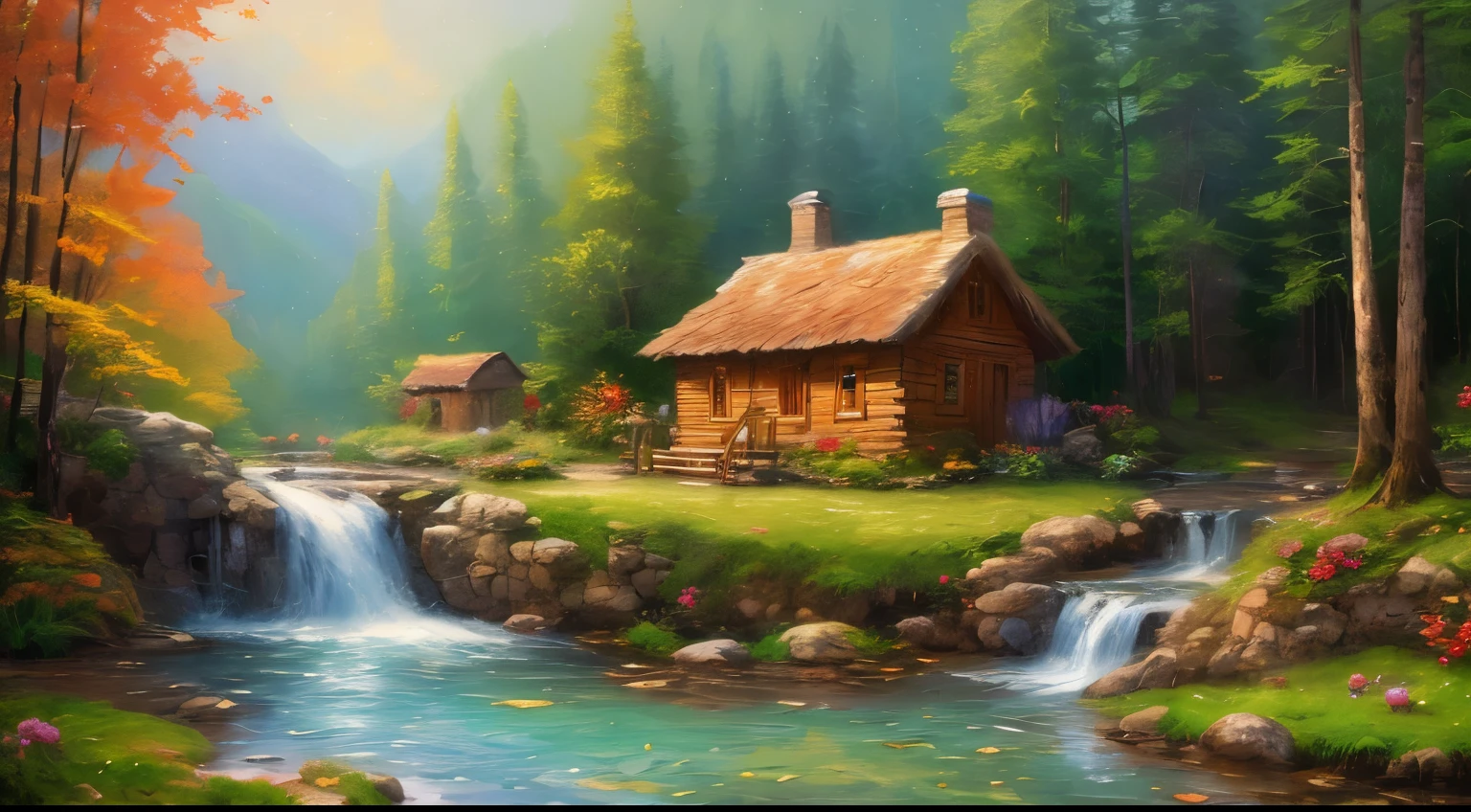 Painting of hut with waterfall in mountain stream, Children playing around the hut,  4k oil painting, Beautiful oil painting matte painting, oil painting 4k, Oil painting 4k, cabin in the forest, Beautiful oil painting on canvas, Beautiful digital painting, smooth oil painting, Beautiful art ultra hd 4k, 8K high-definition and detailed oil painting, Oil painting digital painting, Inspired by Thomas Kinkade.