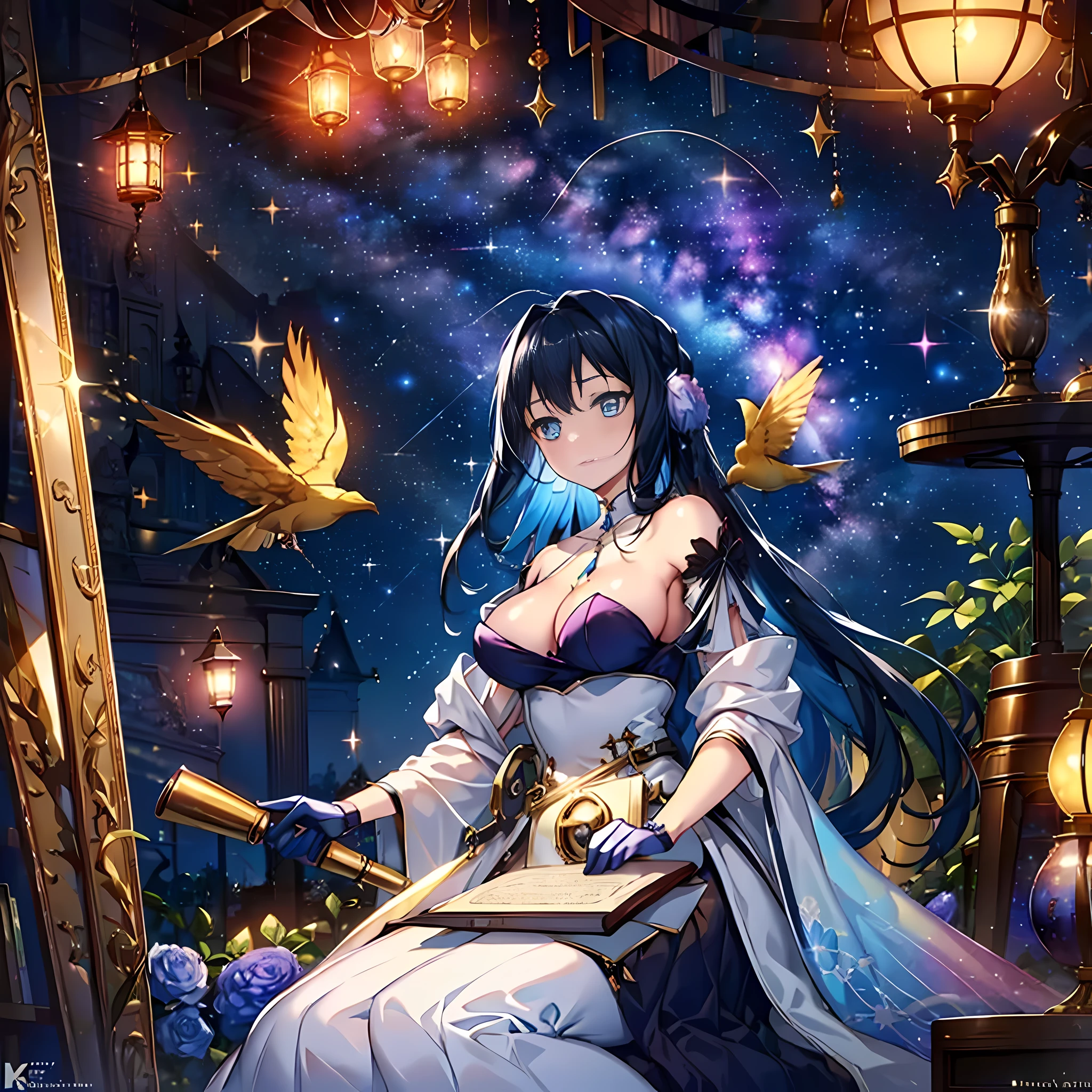 (best quality,4k,8k,highres,masterpiece:1.2),ultra-detailed,(realistic,photorealistic,photo-realistic:1.37),1girl,dark blue hair,light blue eyes,steampunk,big breasts,constellations,library,golden birds,shooting stars,antique furniture,brass gears,vintage books,old-fashioned lanterns,victorian dress,elaborate tattoos,mysterious atmosphere,detailed background,soft candlelight,enchanted ambiance,ornate bookshelves,whimsical clockwork devices,mesmerizing spiral staircase,grand chandelier,exquisite floral patterns,dusty manuscripts,hidden passages,antique telescope,cosmic illustrations,vibrant blue aurora,magic-infused ink,sparkling celestial dust,dreamlike setting,pensive expression,surreal beauty,timeless enchantment,otherworldly allure,adventurous spirit,treasure trove of knowledge,full body
