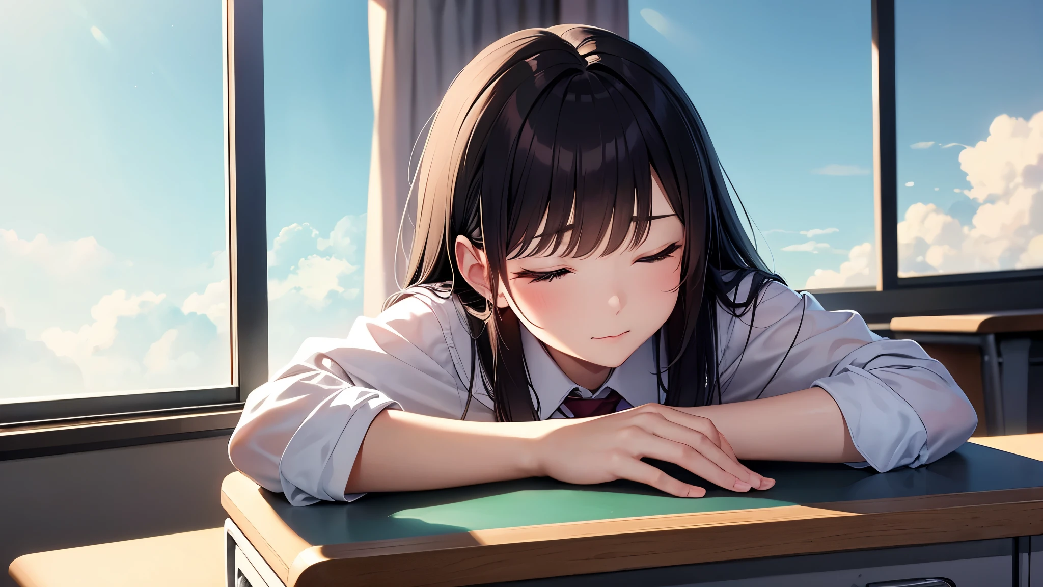 a junior high school student, female, beautiful and cute, solo character, (both eyes closed),((fall asleep at the school desk)),(black single sidelock hair), school unifrom, (in the classroom), at noon, at lunch break,((anime style)), (cinematic lighting), (ray tracing), ((reflection light)), ((side-shot)), atmospheric perspective, masterpiece, accurate, ((best quality)), high quality, super detail, high details, anatomically correct, highRes, 1080p,