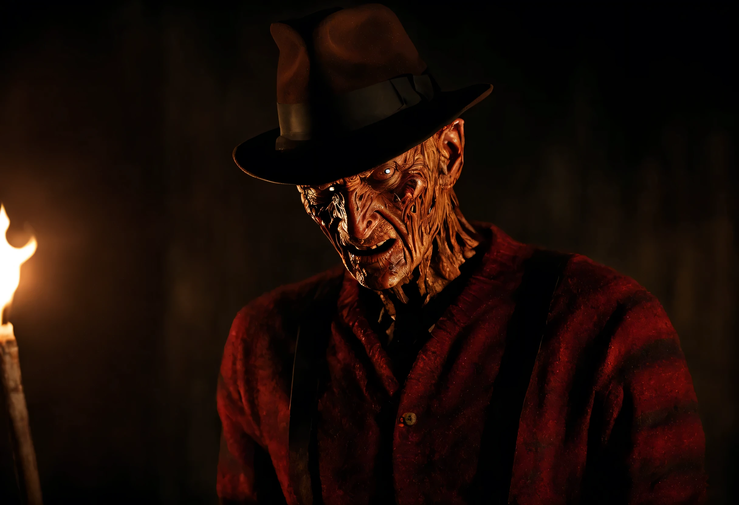 Describe a Freddy Krueger con su atuendo original., hidden in the dark in an alley, Pensando en el futuro, spooky alley. (Calidad premium, 8K, 32k, Obra maestra, nffsw:1.3), (Ultra High Definition), (fotorrealista:1.4), raw photography, ojos perfectos, figura perfecta, action pose:1.2, Super detailed and realistic lights.. Su sombrero de ala ancha proyecta una sombra siniestra sobre su rostro quemado y desfigurado., mientras las afiladas hojas de sus dedos brillan con una luz siniestra. The air is thick with tension and palpable fear....., mientras Freddy mira hacia adelante con una sonrisa malvada, Ready to stalk his next victim in the dark....