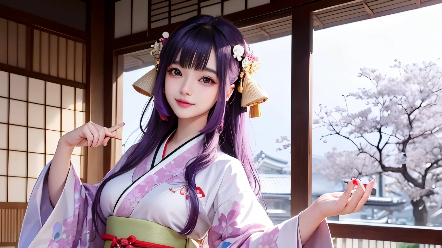 araffe woman in a kimono dress posing for a picture, in kimono, elegant japanese woman, wearing kimono, korean model, japanese kimono, japanese goddess, traditional japanese, in a kimono, wearing a kimono, pale and coloured kimono, white hanfu, kimono, wearing a simple robe, classic kimono, wearing a silk robe, wearing a simple robe, korean woman, Choi Hong Hwa , big breasts, show your chest, light purple hair、smile、beautiful eyes