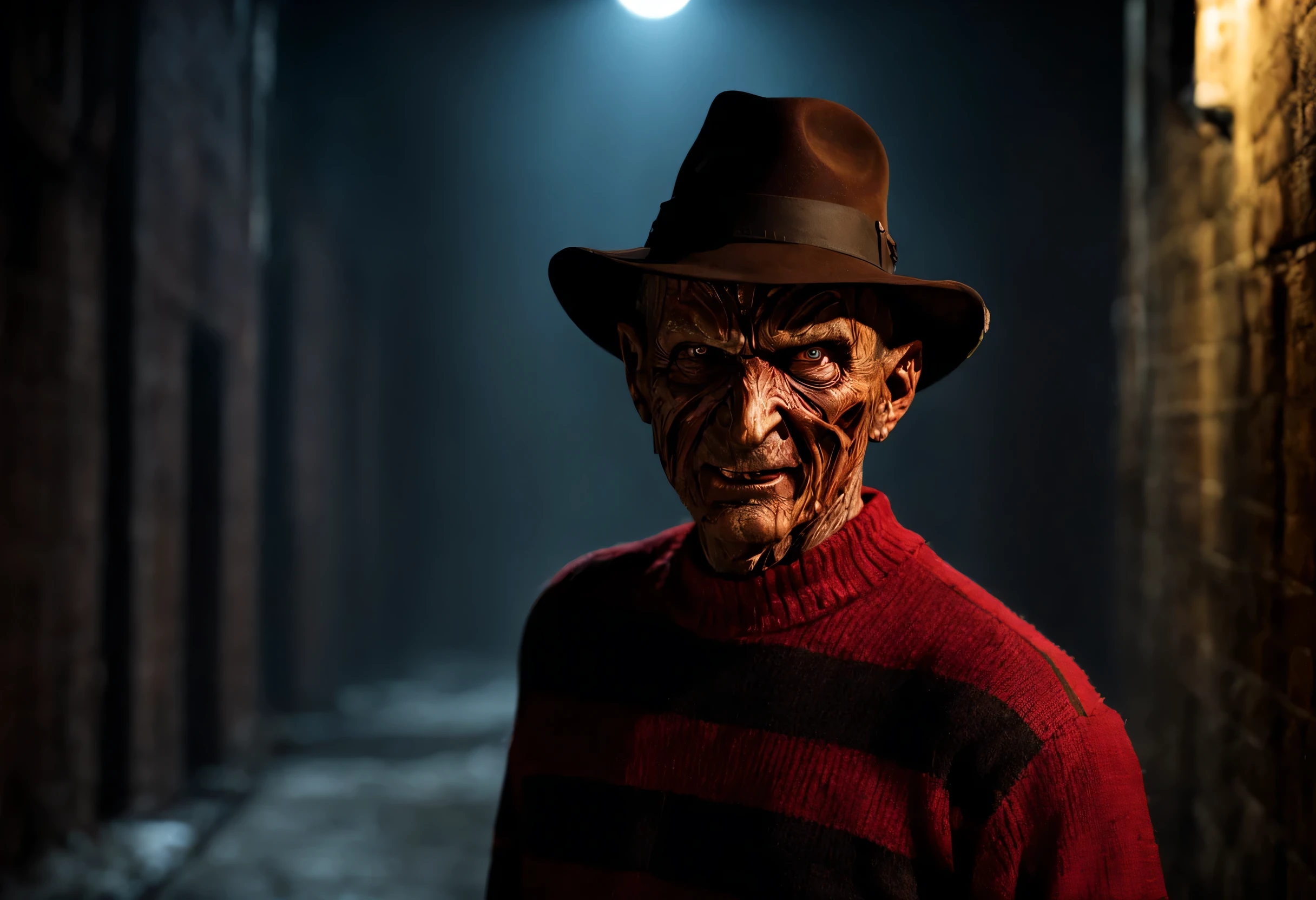 Describe a Freddy Krueger con su atuendo original., hidden in the dark in an alley, Pensando en el futuro, spooky alley. (Calidad premium, 8K, 32k, Obra maestra, nffsw:1.3), (Ultra High Definition), (fotorrealista:1.4), raw photography, ojos perfectos, figura perfecta, action pose:1.2, Super detailed and realistic lights.. Su sombrero de ala ancha proyecta una sombra siniestra sobre su rostro quemado y desfigurado., mientras las afiladas hojas de sus dedos brillan con una luz siniestra. The air is thick with tension and palpable fear....., mientras Freddy mira hacia adelante con una sonrisa malvada, Ready to stalk his next victim in the dark....