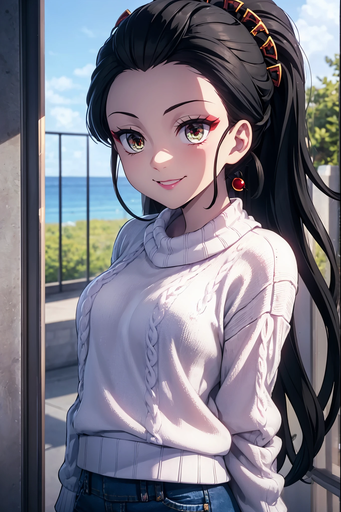 masterpiece,hyper quality, very detailed, perfect picture, CG, 3D, 8k, figure, 
Demon slayer, Fallen Princess, beautiful face girl, one beautiful girl, スリーサイズ B90W60H95, Droopy eyes but cute, A dignified and cute expression, cute smile, black hair, ponytail
(white knit sweater:1.3), (Black denim skirt:1.3)
gradation sky, delicate clouds, best writing, The best sunshine