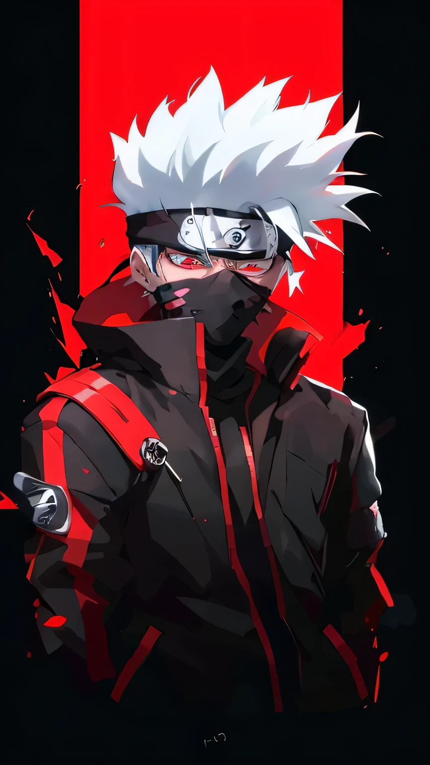 a man with white hair and a black jacket standing in front of a red and black background, kakashi hatake, badass anime 8 k, kakashi, joker as naruto, trigger anime artstyle, shinobi, anime wallaper, naruto artstyle, akatsuki akira, pain from naruto, joker looks like naruto, anime wallpaper 4 k, anime wallpaper 4k