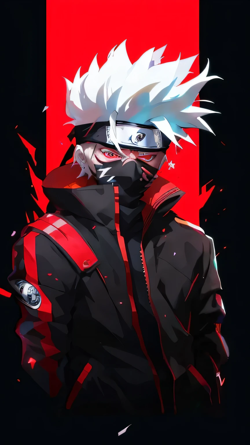 a man with white hair and a black jacket standing in front of a red and black background, kakashi hatake, badass anime 8 k, kakashi, joker as naruto, trigger anime artstyle, shinobi, anime wallaper, naruto artstyle, akatsuki akira, pain from naruto, joker looks like naruto, anime wallpaper 4 k, anime wallpaper 4k