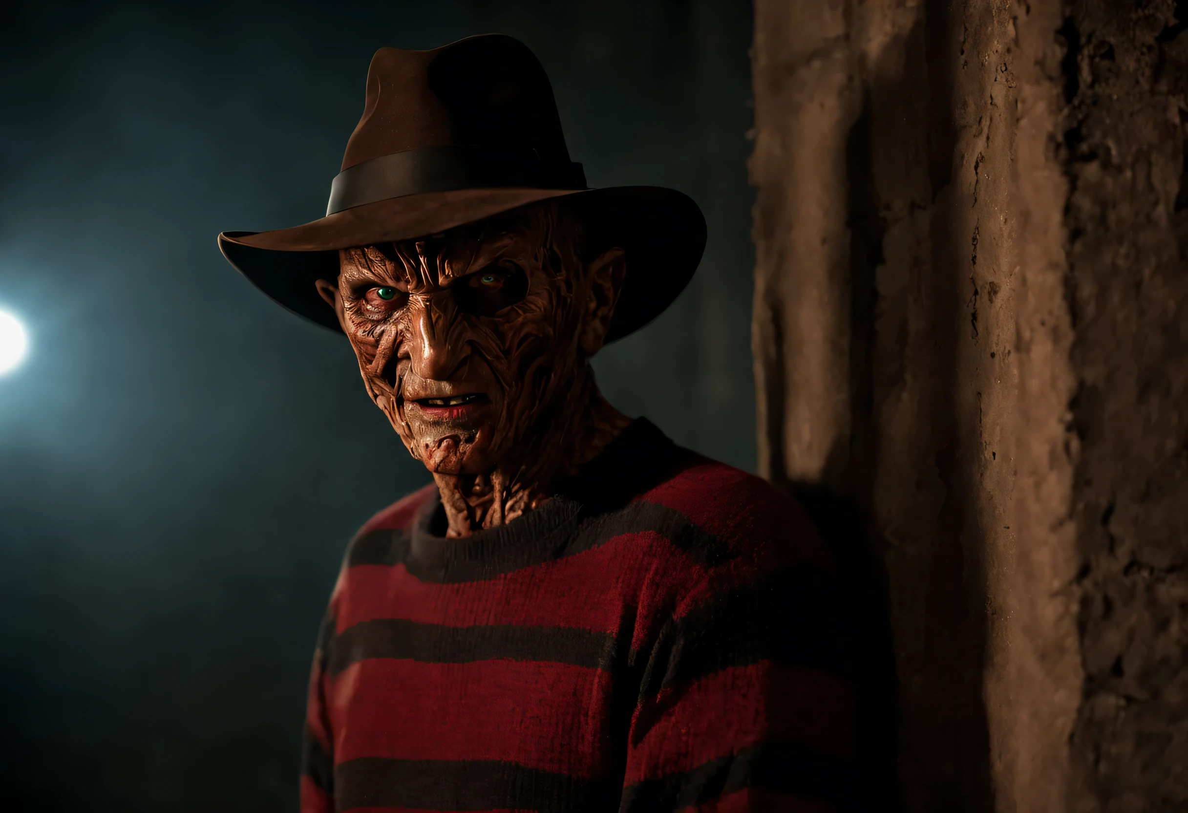 Describe a Freddy Krueger con su atuendo original., hidden in the dark in an alley, Pensando en el futuro, spooky alley. (Calidad premium, 8K, 32k, Obra maestra, nffsw:1.3), (Ultra High Definition), (fotorrealista:1.4), raw photography, ojos perfectos, figura perfecta, action pose:1.2, Super detailed and realistic lights.. Su sombrero de ala ancha proyecta una sombra siniestra sobre su rostro quemado y desfigurado., mientras las afiladas hojas de sus dedos brillan con una luz siniestra. The air is thick with tension and palpable fear....., mientras Freddy mira hacia adelante con una sonrisa malvada, Ready to stalk his next victim in the dark....