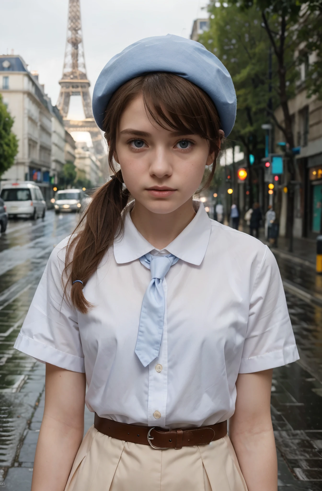 (best quality,hyper-realistic,ultra-detailed,8k), teenager, fifteen years old, shy, sad, paleness, big blue eyes, very white skin, small nose, very short brown hair with bangs, melancholy, delicate, feminine, skinny, elegant school blue uniform, french pink Beret, red tie, empty street, brilliant day, rain, Paris, Eiffel tower, two short ponytails.