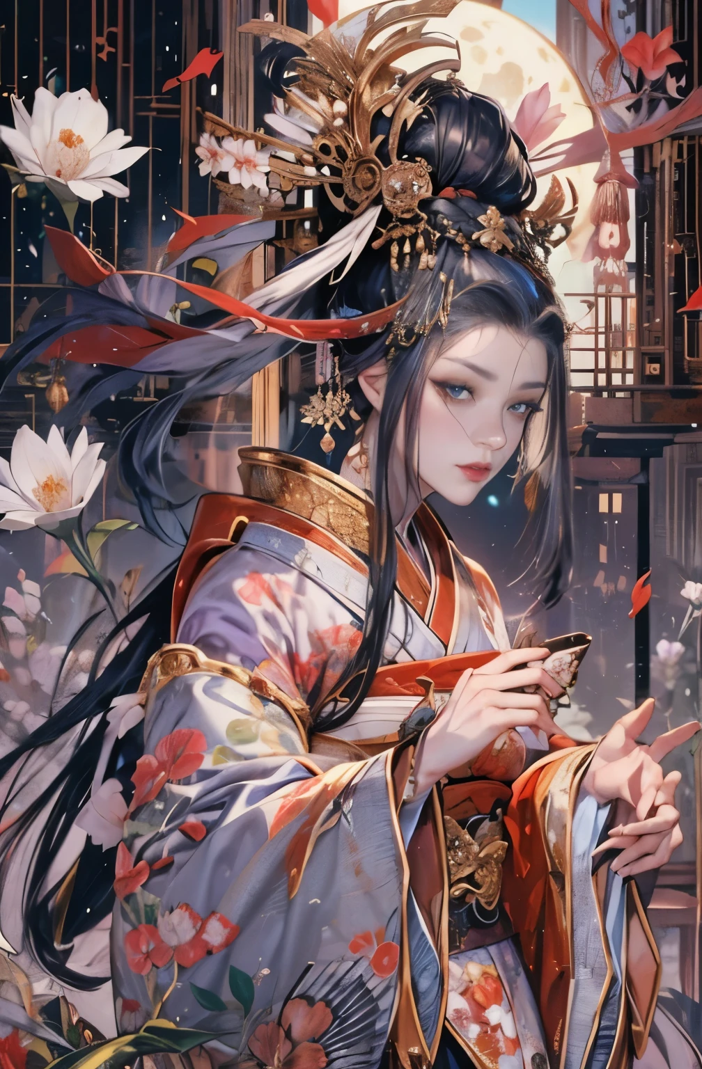 red tone, very beautiful woman, fox queen, she looks 27 years old, Beauty of the Leaning Country, Sharp beauty, Bewitching, beautiful kimono, Oiran, highest ranking woman, mandala, devilish woman, Female Yakuza, demon living in the outhouse, ruler of the red light district, queen of the red light district, Works that influenced Chen Yifei, Works that influenced Francesco Hayes, Inspired by Hendrik Terbruggen, Jean=Works that influenced Auguste Dominique Ingres, Works that influenced Liu Jun, Jean=Works that influenced Auguste Dominique Ingres, highest quality, perfect angle, perfect composition, best shot, official art, cinematic light, figurative art, Beautiful and expressive paintings, Beautiful artwork illustration, wonderful, cool beauty, clear, Muromachi Fantasy, mysterious, Mysterious, highest quality, official art, perfect composition, perfect angle, best shot, Perfect light and shadow contrast, Japanese-Western eclectic, very stylish style, Beautiful and delicate effects, women only, sharp outline, pretty much beautiful face, The charm of a mature woman, highly detailed beautiful eyes, Very delicate eyes, demon of kyoto, Lord of Chimi-Mourou, phantom, monster queen, Hundreds of Ghosts at Night, full body tattoo, Rashomon, Gion Seisha, Snow moon wind flower, everything is impermanent, Dream Bubble, Close-up