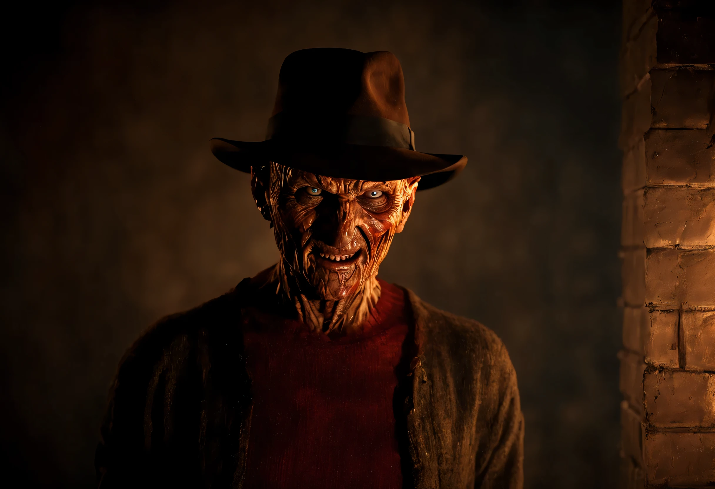 Describe a Freddy Krueger con su atuendo original., hidden in the dark in an alley, Pensando en el futuro, spooky alley. (Calidad premium, 8K, 32k, Obra maestra, nffsw:1.3), (Ultra High Definition), (fotorrealista:1.4), raw photography, ojos perfectos, figura perfecta, action pose:1.2, Super detailed and realistic lights.. Su sombrero de ala ancha proyecta una sombra siniestra sobre su rostro quemado y desfigurado., mientras las afiladas hojas de sus dedos brillan con una luz siniestra. The air is thick with tension and palpable fear....., mientras Freddy mira hacia adelante con una sonrisa malvada, Ready to stalk his next victim in the dark....