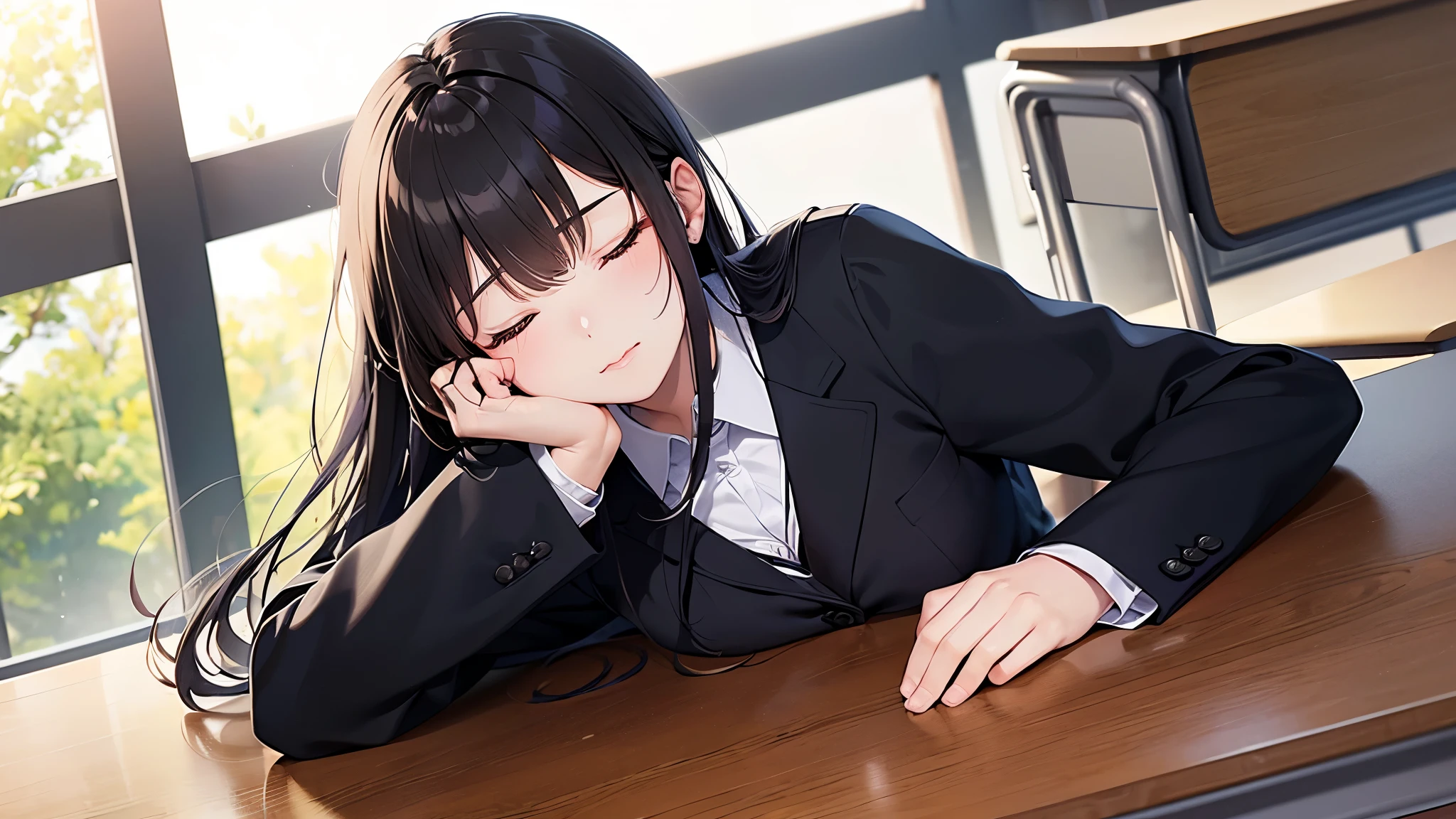 a junior high school student, female, beautiful and cute, solo character, (both eyes closed),((fall asleep at the school desk)),(black single sidelock hair), school unifrom, (in the classroom), at noon, at lunch break,((anime style)), (cinematic lighting), (ray tracing), ((reflection light)), ((side-shot)), atmospheric perspective, masterpiece, accurate, ((best quality)), high quality, super detail, high details, anatomically correct, highRes, 1080p,