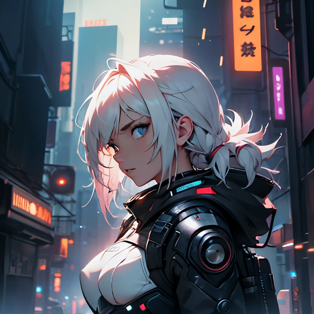 ultra detail, high resolution, ultra detailed, best quality, incroyable, superior quality, fond d'Extremely detailed Unity 8k CG display, cinema lighting, fangirl aux cheveux blancs, Cyberpunk, jeune fille