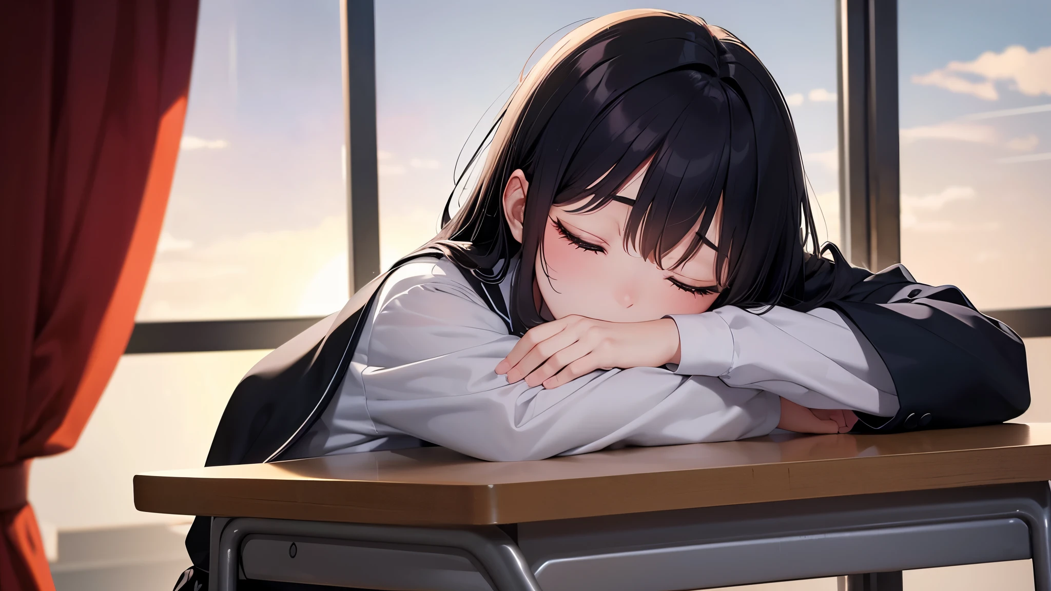 a junior high school student, female, beautiful and cute, solo character, (both eyes closed),((fall asleep at the school desk)),(black single sidelock hair), school unifrom, (in the classroom), at noon, at lunch break,((anime style)), (cinematic lighting), (ray tracing), ((reflection light)), ((side-shot)), atmospheric perspective, masterpiece, accurate, ((best quality)), high quality, super detail, high details, anatomically correct, highRes, 1080p,