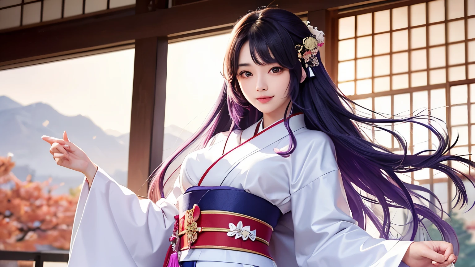araffe woman in a kimono dress posing for a picture, in kimono, elegant japanese woman, wearing kimono, korean model, japanese kimono, japanese goddess, traditional japanese, in a kimono, wearing a kimono, pale and coloured kimono, white hanfu, kimono, wearing a simple robe, classic kimono, wearing a silk robe, wearing a simple robe, korean woman, Choi Hong Hwa , big breasts, show your chest, light purple hair、smile、beautiful eyes