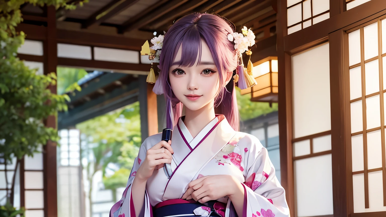 araffe woman in a kimono dress posing for a picture, in kimono, elegant japanese woman, wearing kimono, korean model, japanese kimono, japanese goddess, traditional japanese, in a kimono, wearing a kimono, pale and coloured kimono, white hanfu, kimono, wearing a simple robe, classic kimono, wearing a silk robe, wearing a simple robe, korean woman, Choi Hong Hwa , big breasts, show your chest, light purple hair、smile、beautiful eyes