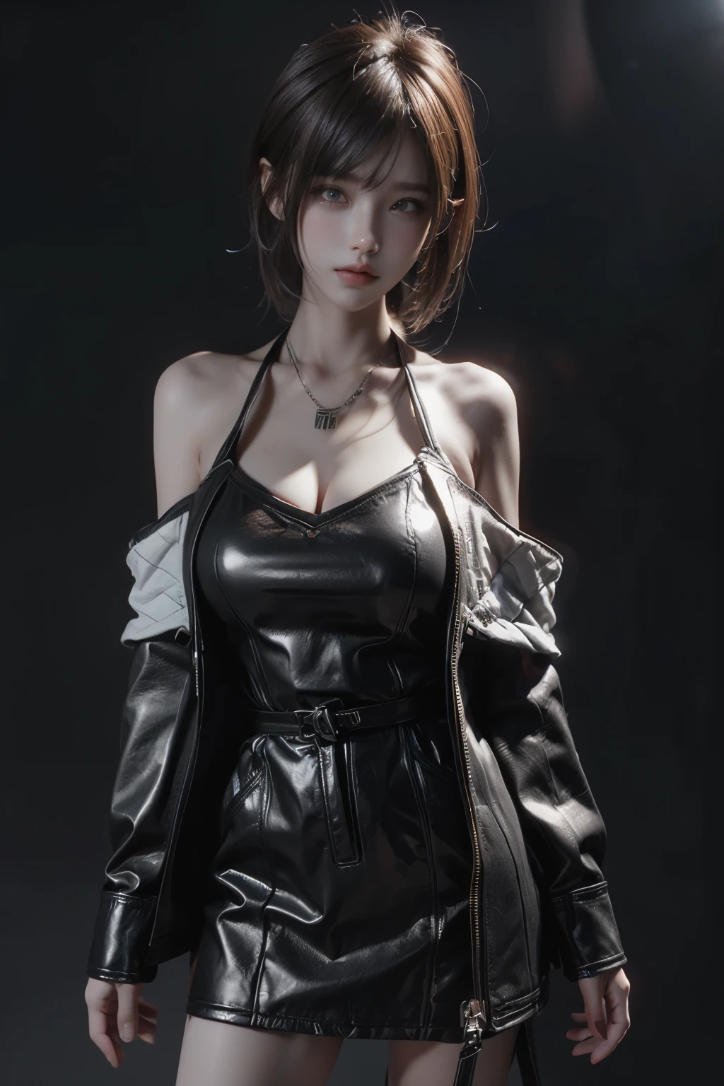 Masterpiece,Game art,The best picture quality,Highest resolution,8K,(Portrait),Unreal Engine 5 rendering works,(Digital Photography),
20 year old girl,Short hair details,With long bangs,(The red eye makeup is very meticulous),(White with short haiery red eyes,(Large, full breasts),Elegant and noble,Brave and charming,
(Charge coat,Bare shoulder,Open),
Movie lights，Ray tracing，Game CG，((3D Unreal Engine))，OC rendering reflection pattern