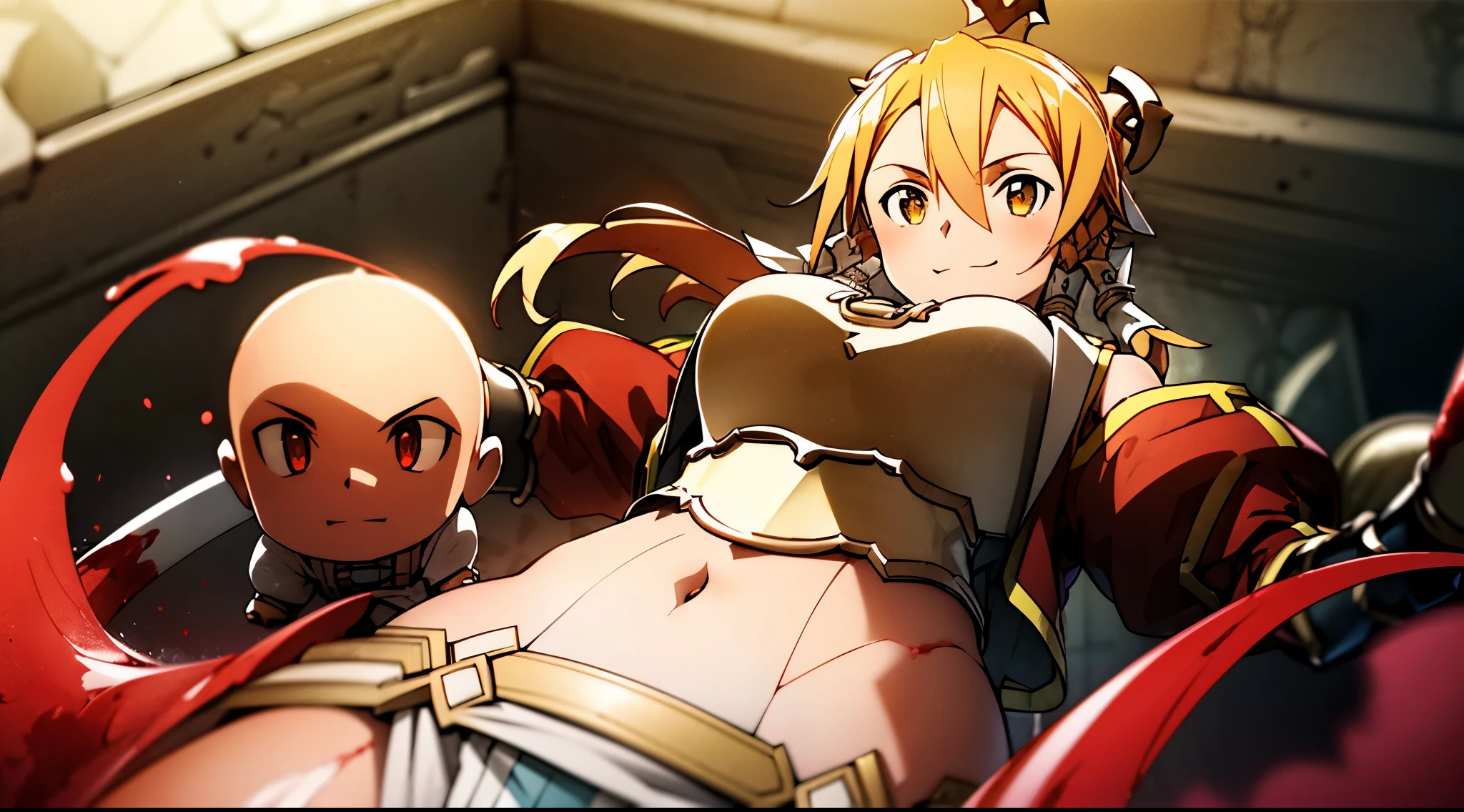girl, belly button, big breasts, Queen, bullying, has a severed doll head, red fluid on body, red liquid on armor, Red fluid on my belly button, Red fluid on my chest, tall, long sword, slashing sword, red liquid splashing, red liquid on my belly button, red liquid on belly, gun, knife, sword, war, underwear, kill, remove the doll head, shot from below, sensual, Red fluid on my chest, smile, holding the doll head, holding the doll neck, enemy is falling, giving the final blow, background(fallen soldier)