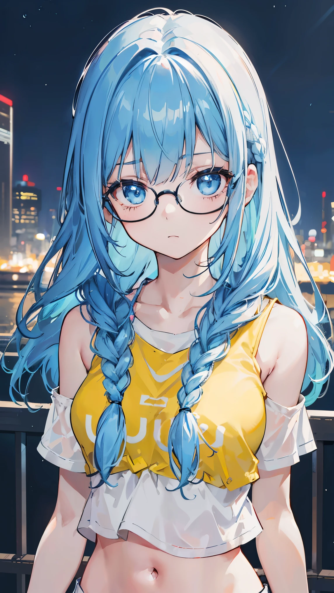 (Girl1, upper body, light blue eyes, slim face),(long wild hair,light blue color hiar, parted bangs, fringes trim, braids hair),(glasses, yellow T-shirt, with one bra, Wearat fences illuminated with neon lights),(at night, neon light, high buildings),Very details CG, module, 8K wallpapers, top quality, high precision, beautiful lighting, realistic shade, high precision, detailed skin, very detailed, faces and detailed eyes, realistic eyes, cowboy shot