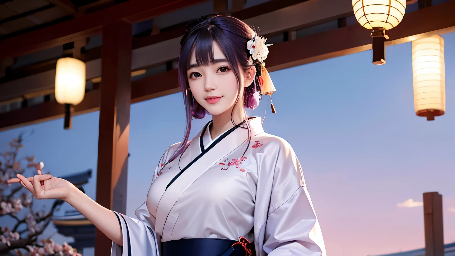 araffe woman in a kimono dress posing for a picture, in kimono, elegant japanese woman, wearing kimono, korean model, japanese kimono, japanese goddess, traditional japanese, in a kimono, wearing a kimono, pale and coloured kimono, white hanfu, kimono, wearing a simple robe, classic kimono, wearing a silk robe, wearing a simple robe, korean woman, Choi Hong Hwa , big breasts, show your chest, light purple hair、smile、beautiful eyes