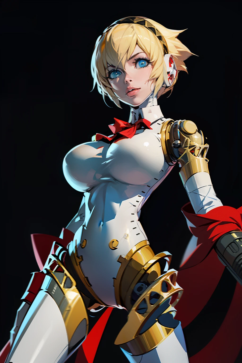 2d, masterpiece, best quality, highly detailed eyes, highly detailed face, (masterpiece, best quality:1.2), cowboy shot, solo, 1girl, ((aegis)), android, robot joints, looking at viewer, red bow, cowboy shot, feet out of frame, 1girl, solo, standing, (slendered abs), black background, (gigantic breasts:1.3), aegis, android, robot joints, headphones, looking at viewer,  straight-on, blonde hair, white body, mature woman,