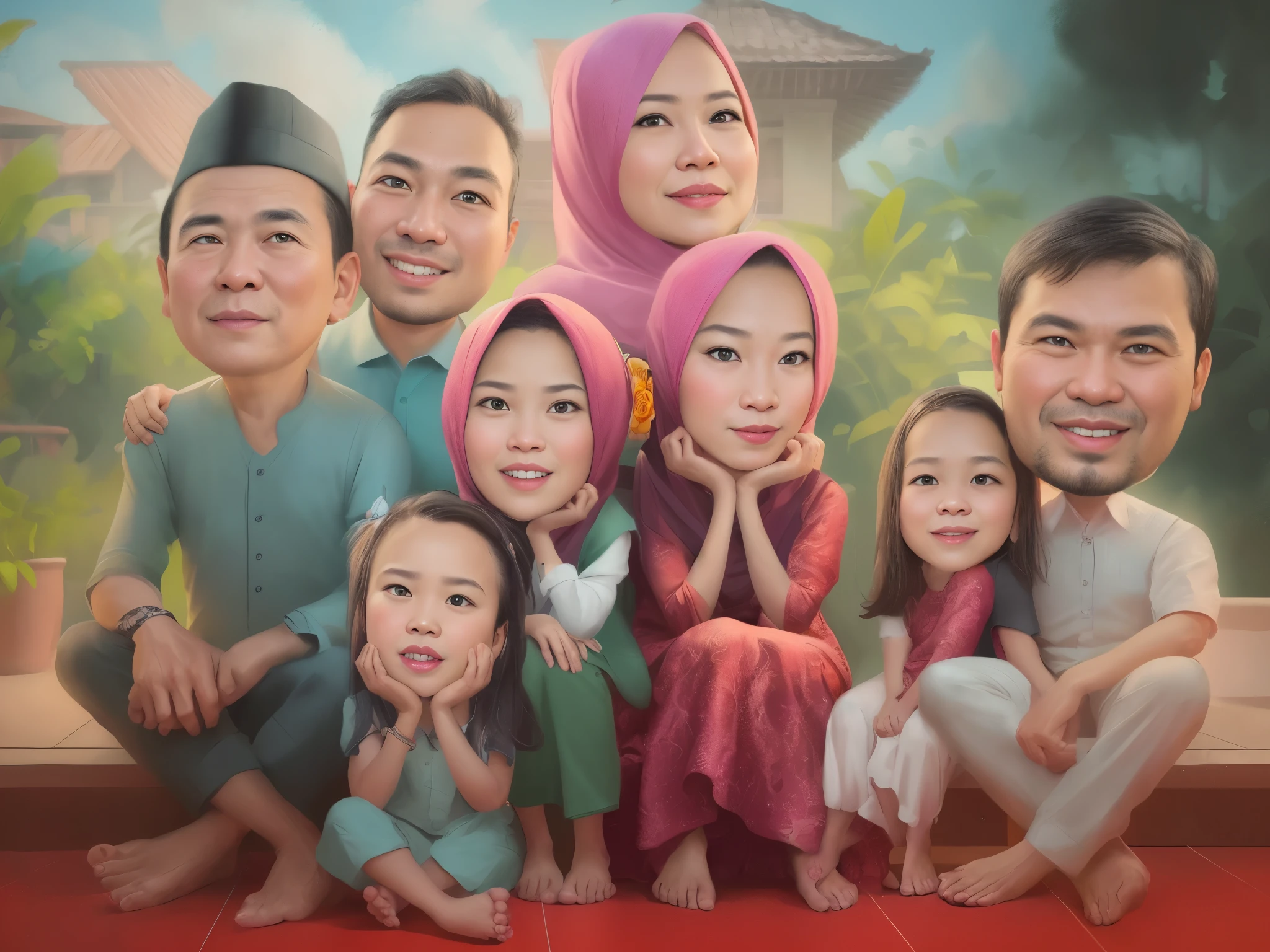 arafed family portrait of a man, woman, , and two other people, caricature illustration, in cartoon style, caricature style, potrait, realistic cartoon, cartoon art, an indonesian family portrait, happy family, caricature, digital art cartoon, family portrait, cartoon artstyle, family, cartoon style illustration, realistic portrait photo, style of cartoon, full protrait