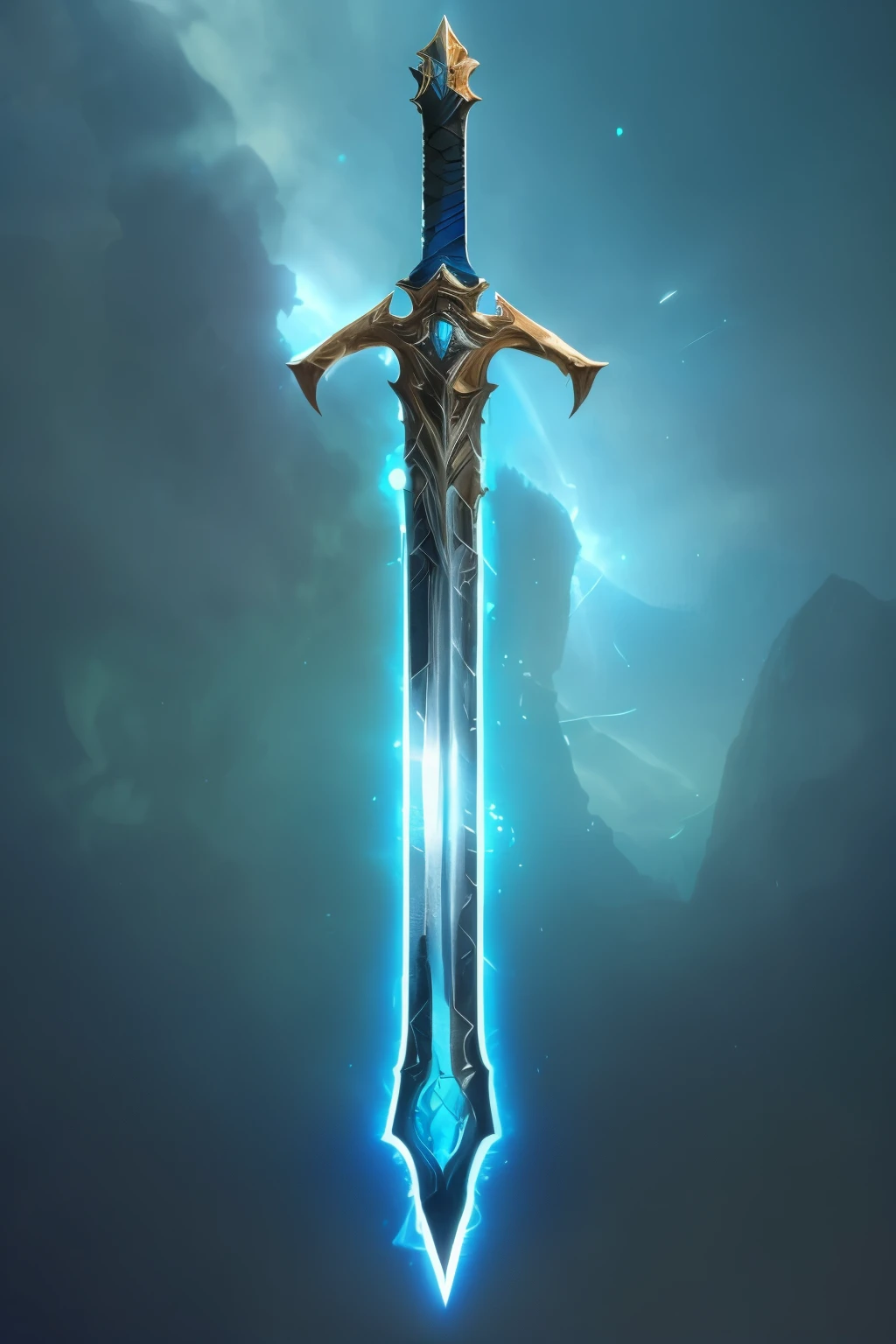 a close up of a sword with a blue light shining through it, warcraft blizzard weapon art, fantasy sword of warrior, epic fantasy weapon art, fantasy sword, glowing sword, huge sword, beautiful sword, magical sword, sword design, magic sword, big sword, shinning sword, greatsword, large sword, giant sword, legendary sword of technology, golden sword