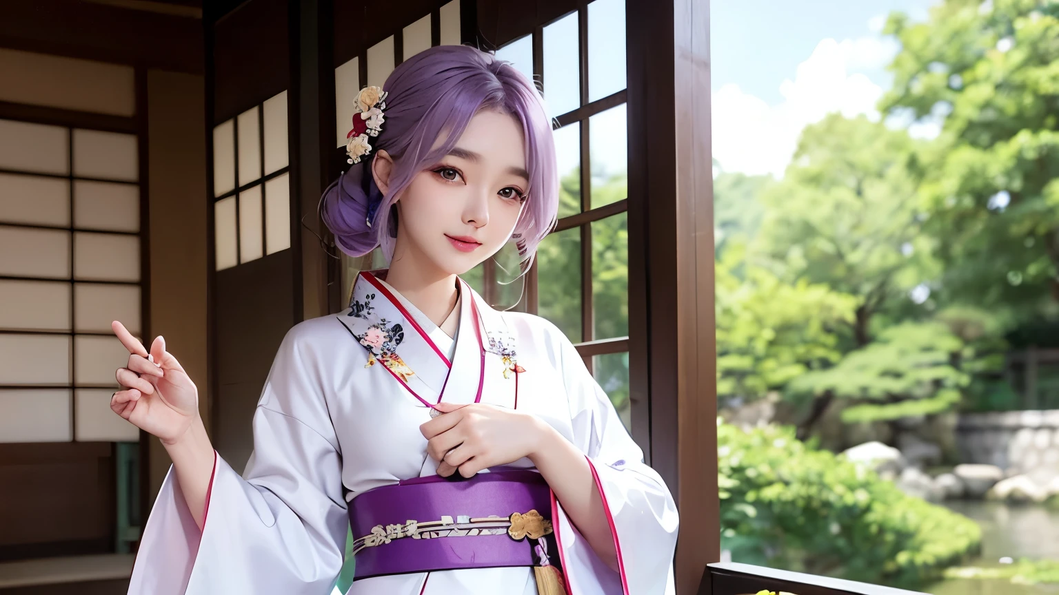 araffe woman in a kimono dress posing for a picture, in kimono, elegant japanese woman, wearing kimono, korean model, japanese kimono, japanese goddess, traditional japanese, in a kimono, wearing a kimono, pale and coloured kimono, white hanfu, kimono, wearing a simple robe, classic kimono, wearing a silk robe, wearing a simple robe, korean woman, Choi Hong Hwa , big breasts, show your chest, light purple hair、smile、beautiful eyes