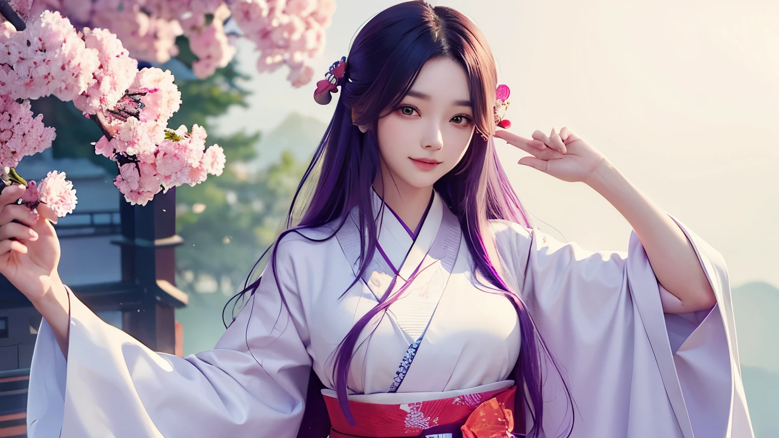 araffe woman in a kimono dress posing for a picture, in kimono, elegant japanese woman, wearing kimono, korean model, japanese kimono, japanese goddess, traditional japanese, in a kimono, wearing a kimono, pale and coloured kimono, white hanfu, kimono, wearing a simple robe, classic kimono, wearing a silk robe, wearing a simple robe, korean woman, Choi Hong Hwa , big breasts, show your chest, light purple hair、smile、beautiful eyes