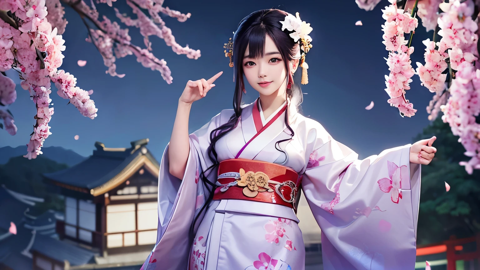 araffe woman in a kimono dress posing for a picture, in kimono, elegant japanese woman, wearing kimono, korean model, japanese kimono, japanese goddess, traditional japanese, in a kimono, wearing a kimono, pale and coloured kimono, white hanfu, kimono, wearing a simple robe, classic kimono, wearing a silk robe, wearing a simple robe, korean woman, Choi Hong Hwa , big breasts, show your chest, light purple hair、smile、beautiful eyes