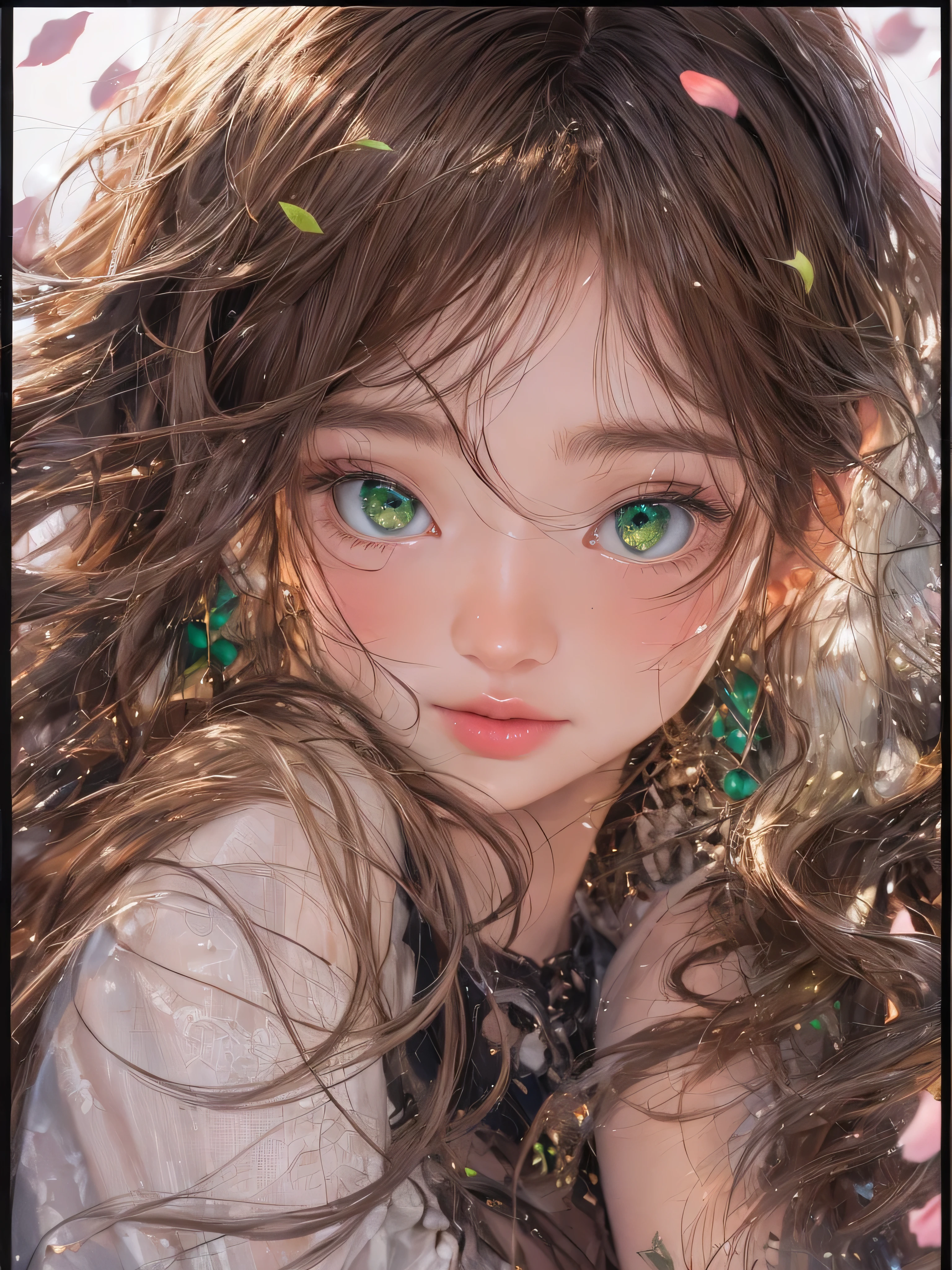 Masterpiece, 1 beautiful girl, Detailed eye, Swollen eyes, top quality, 超A A high resolution, (reality: 1.4), cinema lighting, Very, Very beautiful, Beautiful skins, Thin, frame, Forward-facing, (Hyperrealistic), (A high resolution), (8K), (Very detailed), ( best illustration), (beautifully detailed eyes), (ultra detailed), detailed face, bright lighting, professional lighting、the most beautiful and sexy girl, brown wavy hair, bright green eyes, bright green eyes, Dark African skin, wears an incredibly detailed suit or top, average grul, Cleavage show, have tattoos and piercings, around , cherry blossoms fluttering in the wind, around острава и горы, cinematic, невероятно совершенный Masterpiece, high quality, A high resolution