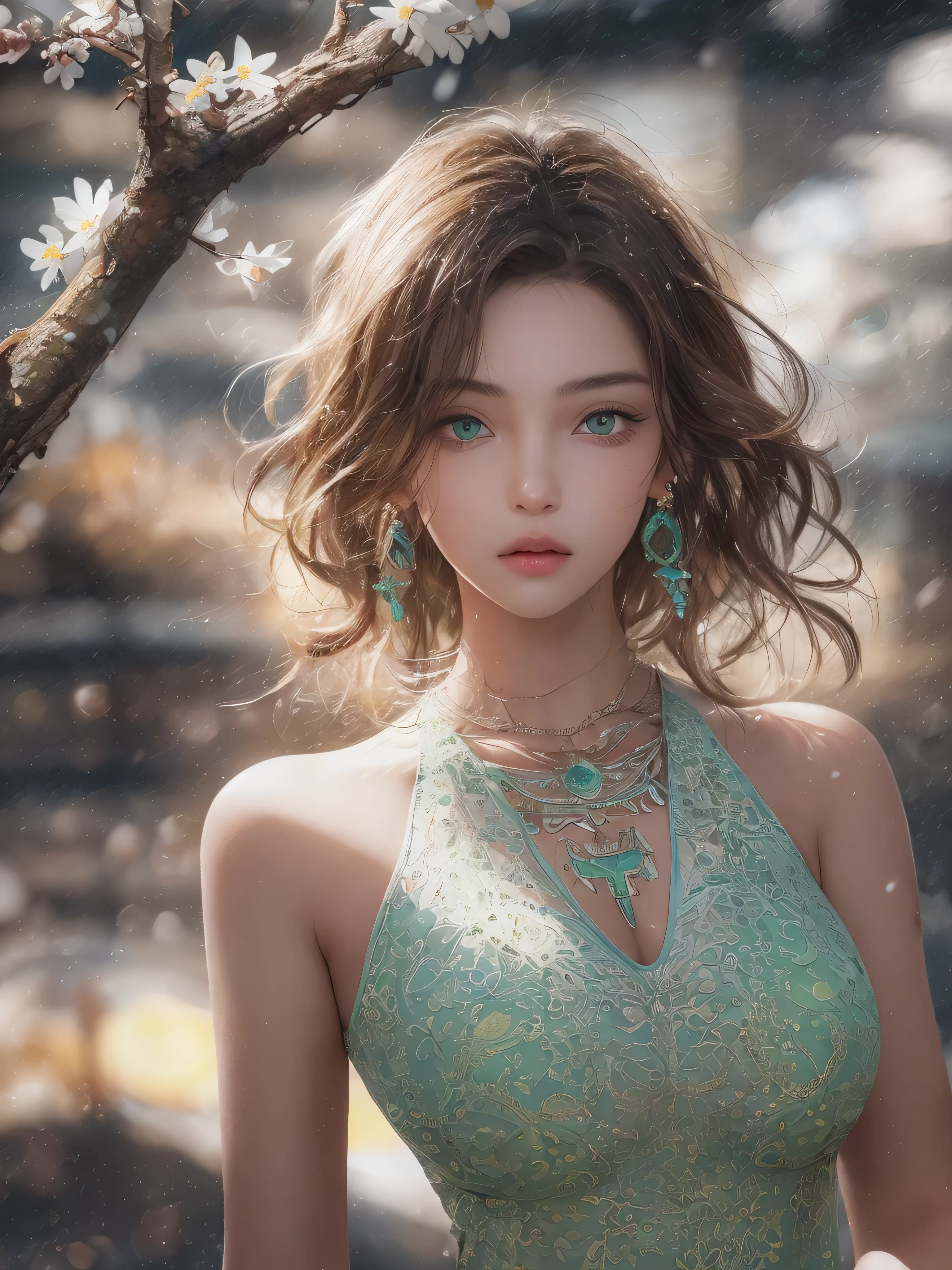Masterpiece, 1 beautiful girl, Detailed eye, Swollen eyes, top quality, 超A A high resolution, (reality: 1.4), cinema lighting, Very, Very beautiful, Beautiful skins, Thin, frame, Forward-facing, (Hyperrealistic), (A high resolution), (8K), (Very detailed), ( best illustration), (beautifully detailed eyes), (ultra detailed), detailed face, bright lighting, professional lighting、the most beautiful and sexy girl, brown wavy hair, bright green eyes, bright green eyes, Dark African skin, wears an incredibly detailed suit or top, average grul, Cleavage show, have tattoos and piercings, around , cherry blossoms fluttering in the wind, around острава и горы, cinematic, невероятно совершенный Masterpiece, high quality, A high resolution