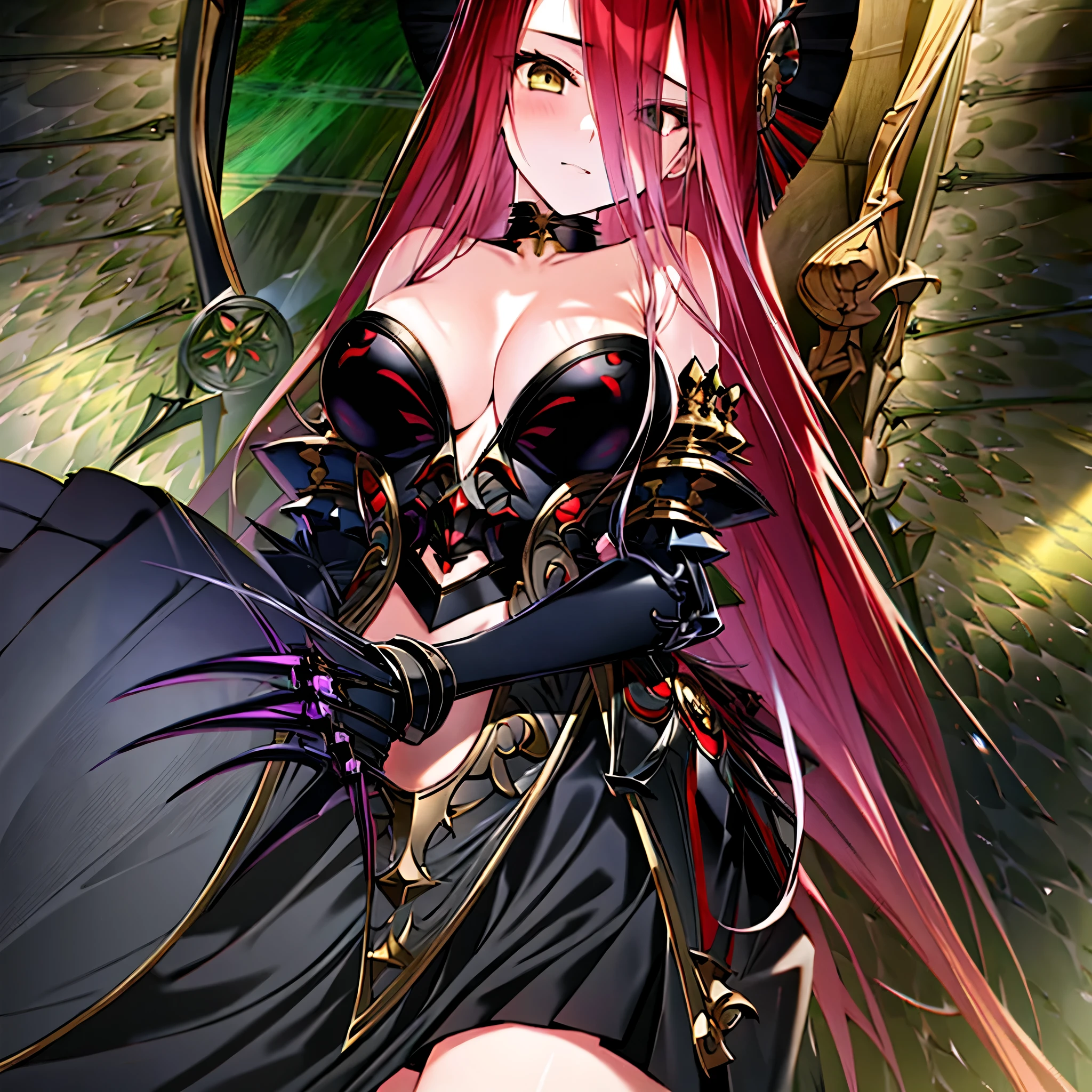 (masterpiece:1.2,best quality:1.2), 1 girl, alone, Detailed golden left eye, Right eye turns black, indoor, painting, bright colors, soft light, intricate hair, flowing skirt, Emotionless expression, surreal atmosphere, antique furniture, Luscious green plants, There are intricate patterns on the wall, Richly textured floors, Shadows and highlights emphasize depth and dimension, wide angle viewing angle, thin strokes.