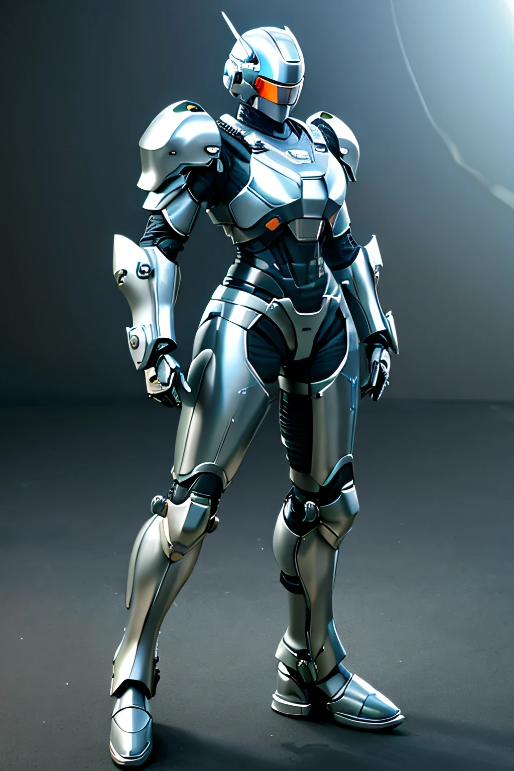 female robocop solo、Armor that completely covers the whole body、very large armor、helmet to hide eyes、rainbow armor、Armor that completely covers the chest、thin and long legs、Vibrant posel body view
