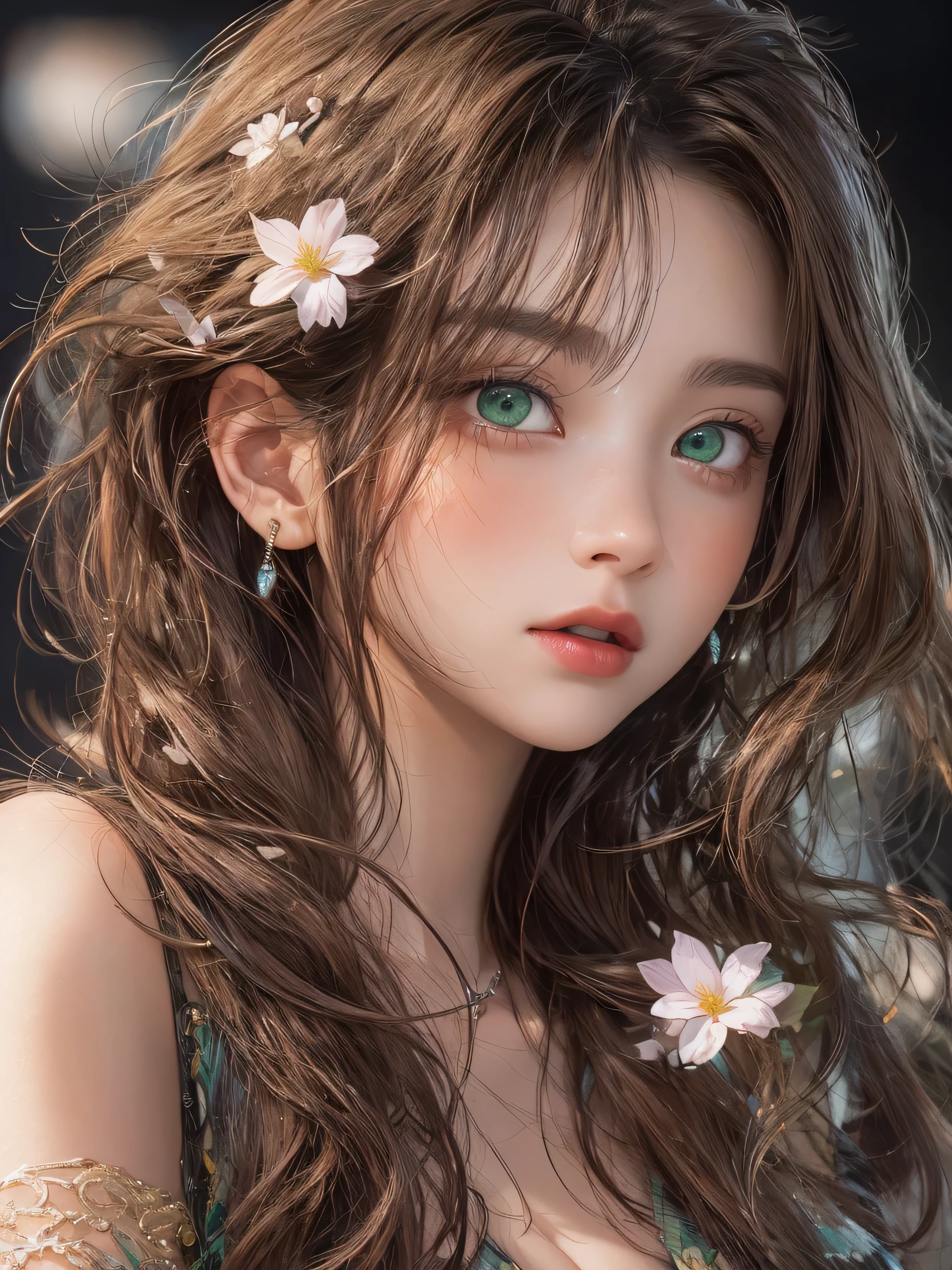 Masterpiece, 1 beautiful girl, Detailed eye, Swollen eyes, top quality, 超A A high resolution, (reality: 1.4), cinema lighting, Very, Very beautiful, Beautiful skins, Thin, frame, Forward-facing, (Hyperrealistic), (A high resolution), (8K), (Very detailed), ( best illustration), (beautifully detailed eyes), (ultra detailed), detailed face, bright lighting, professional lighting、the most beautiful and sexy girl, brown wavy hair, bright green eyes, bright green eyes, Dark African skin, wears an incredibly detailed suit or top, average grul, Cleavage show, have tattoos and piercings, around , cherry blossoms fluttering in the wind, around острава и горы, cinematic, невероятно совершенный Masterpiece, high quality, A high resolution