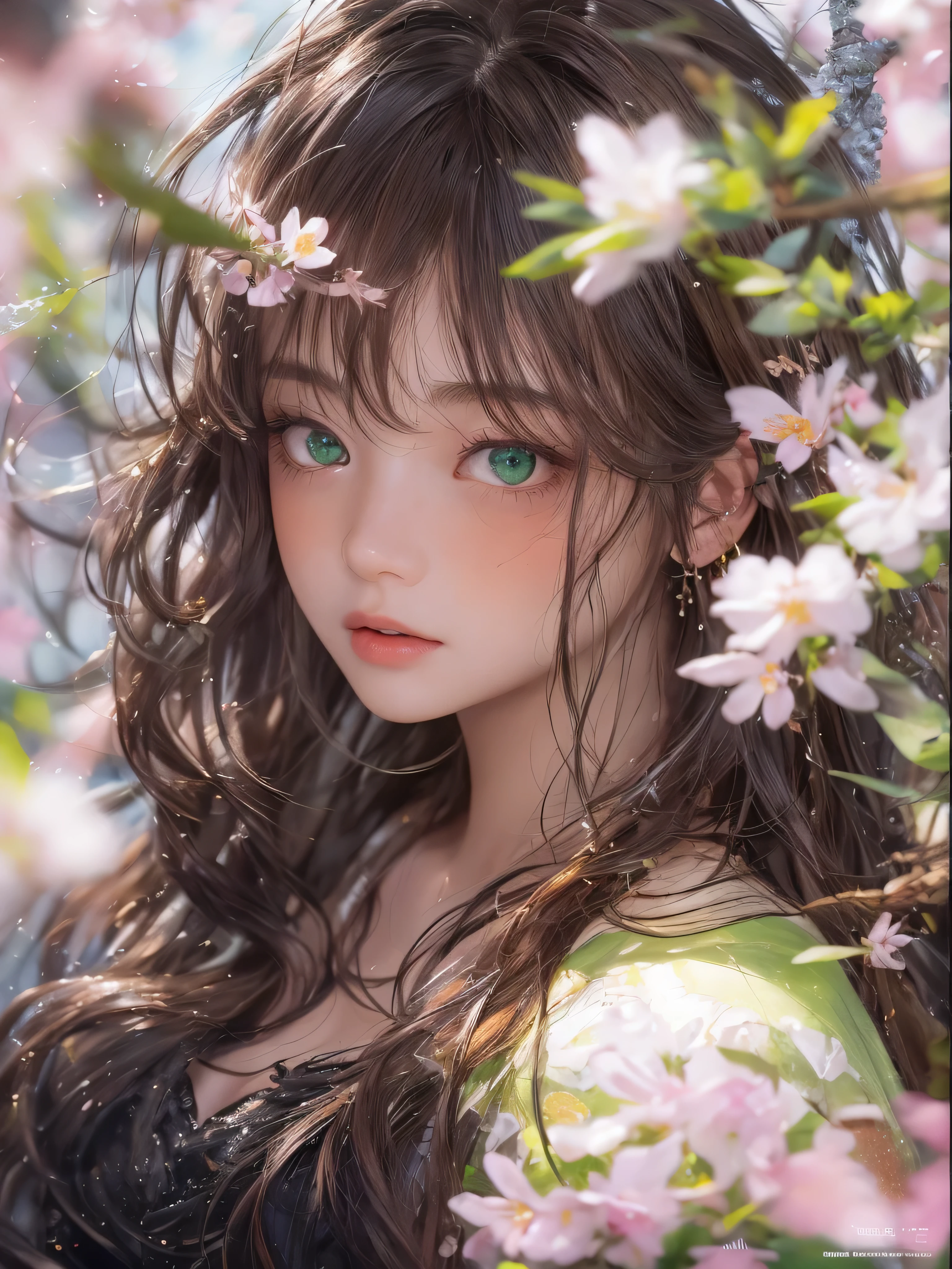Masterpiece, 1 beautiful girl, Detailed eye, Swollen eyes, top quality, 超A A high resolution, (reality: 1.4), cinema lighting, Very, Very beautiful, Beautiful skins, Thin, frame, Forward-facing, (Hyperrealistic), (A high resolution), (8K), (Very detailed), ( best illustration), (beautifully detailed eyes), (ultra detailed), detailed face, bright lighting, professional lighting、the most beautiful and sexy girl, brown wavy hair, bright green eyes, bright green eyes, Dark African skin, wears an incredibly detailed suit or top, average grul, Cleavage show, have tattoos and piercings, around , cherry blossoms fluttering in the wind, around острава и горы, cinematic, невероятно совершенный Masterpiece, high quality, A high resolution