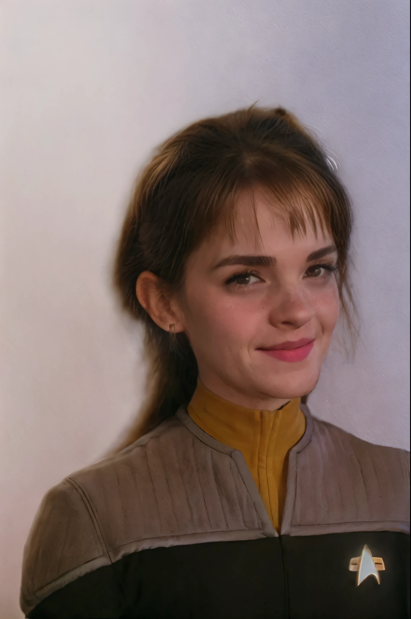 no objects netural background emwts
long hair
brown hair
ponytail
medium length hair
short hair
smile ds9st yellow and black uniform ds9st command ds9st operations ds9st science