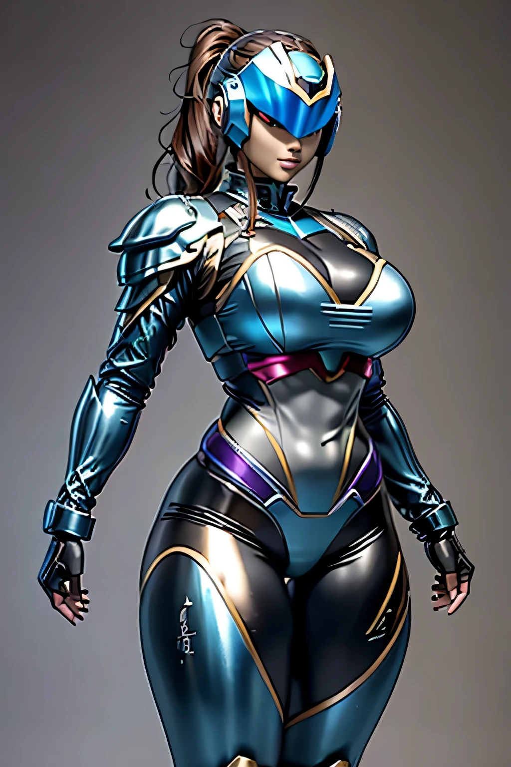 female robocop solo、Armor that completely covers the whole body、very large armor、helmet to hide eyes、rainbow armor、Armor that completely covers the chest、thin and long legs、Vibrant posel body view