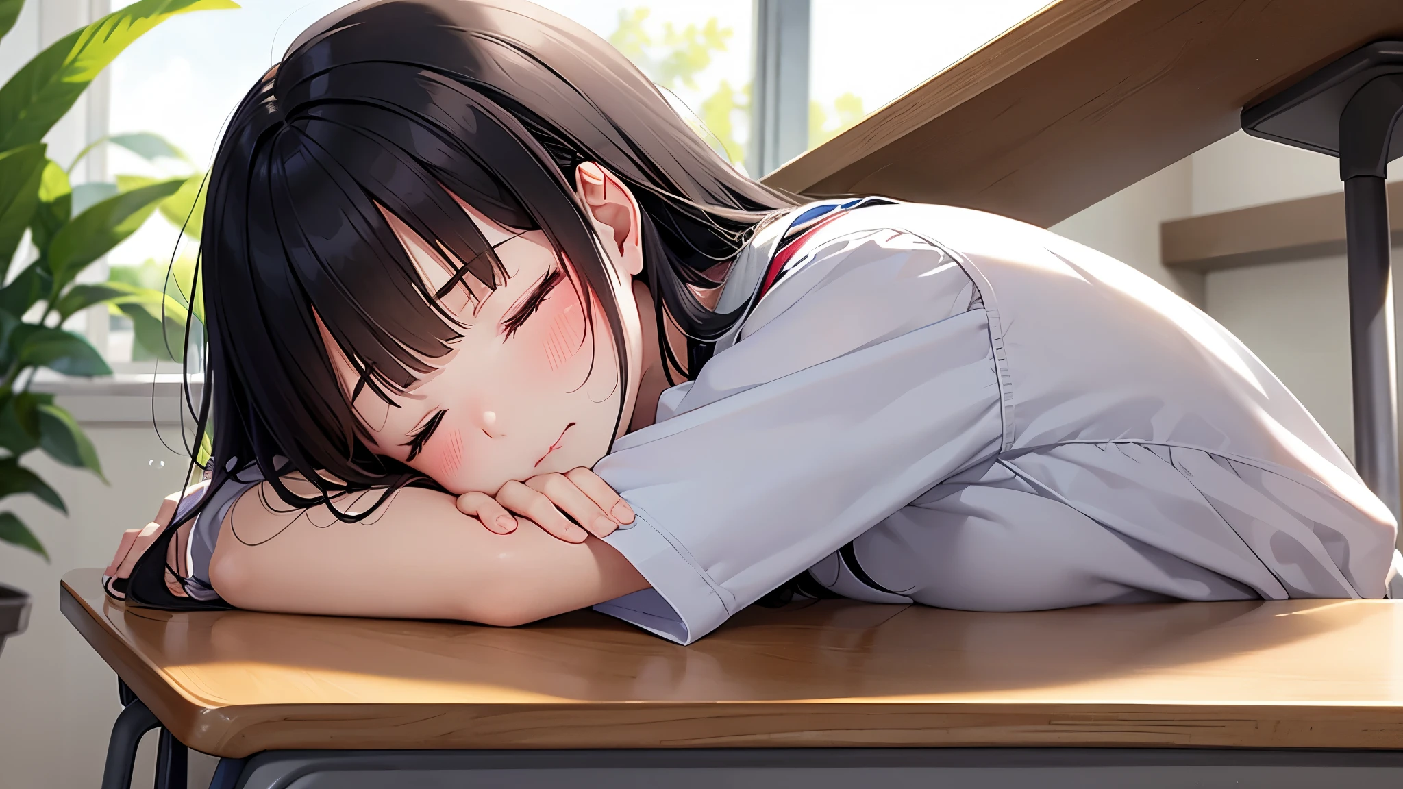 A cute  high school (asleep on a school desk), (eyes closed), facing the camera in profile. She rests her head on her outstretched right hand, left hand bent, with a slightly open cherry-like mouth, a droplet of saliva delicately escaping. A few strands of hair hang on her face. The sunlight outside is exceptionally bright, creating a vivid contrast with the relatively dim indoor environment.