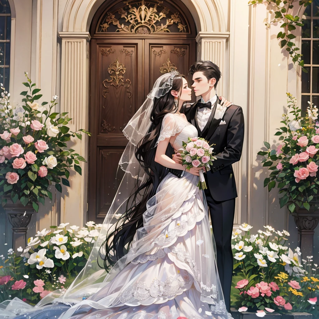 (ultra-detailed, best quality, high resolution), whole body, dynamic angle,Flowing and dynamic,cinematic,a woman and a man standing in the middle of a beautiful wedding venue, (masterpiece:1.4), intricately detailed wedding attire, the woman wearing a long white gown with lace details and a veil, the man wearing a tailored tuxedo, their faces expressing joy and love, the background adorned with colorful flowers and romantic decorations, (high resolution:1.4), the woman's shiny skin and the man's formal attire creating a striking contrast, the atmosphere filled with happiness and the promise of a lifetime commitment. (BREAK) Intimate moment, the couple exchanging a loving glance, Hands and arms accurately