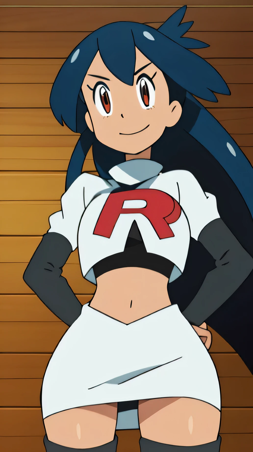 8k,1girl in, (solo:1.1), (perfect body:1.1), (best quality:1.1), very large breast, team rocket, team rocket uniform, red letter r, white skirt,white crop top,black thigh-high boots, black elbow gloves, smiling, looking down at viewer, hands on hips,zettai ryouiki,cowboy shot