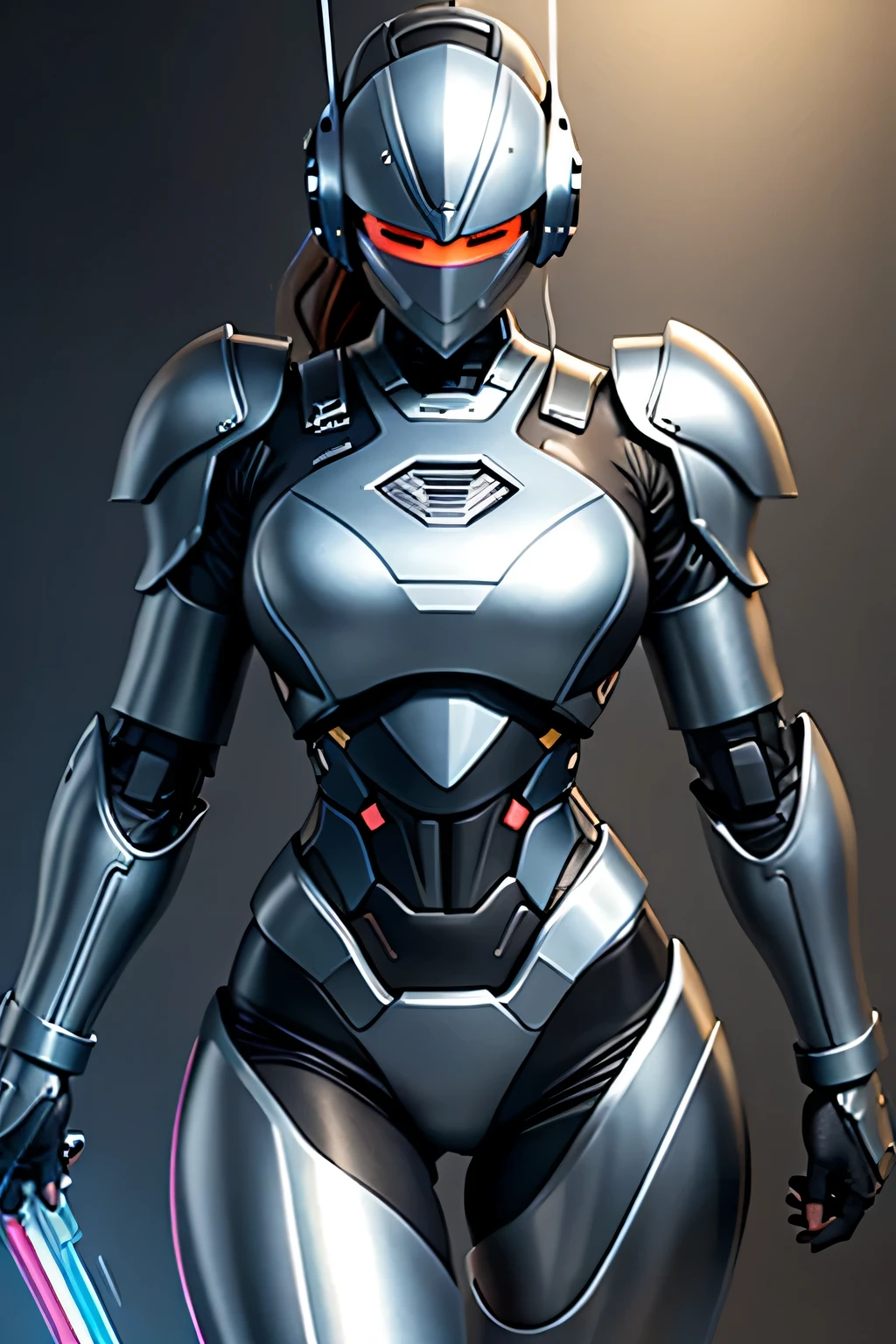 female robocop solo、Armor that completely covers the whole body、very large armor、helmet to hide eyes、rainbow armor、Armor that completely covers the chest、thin and long legs、Vibrant posel body view