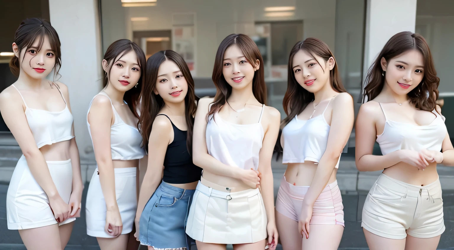 masterpiece, better quality, High resolution, ((Photoreal:1.4, RAW photo, 超A high resolution,best image quality: 1.4)), ((Upper body 1.5)), fine and beautiful eyes, japanese girl, natural color lip, ((big smile:1.5)), ((random cute curly hair)), ((Breast size is random from large to medium:1.3)), ((random fashionable clothes:1.6)), ((random light wear:1.2)),((brain out、arm under glasses:0.9)), ((peek from below)), ((street corner)), ((Random and cute expressions)),, ((4 girls、Four people standing side by side:1.5)) Highly detailed and professional lighting、 ((Random and cute expressions:1.5))、 ((underarm display:1.5))、 ((show off your armpits:1.5))、 ((I can see your thighs:1.5))