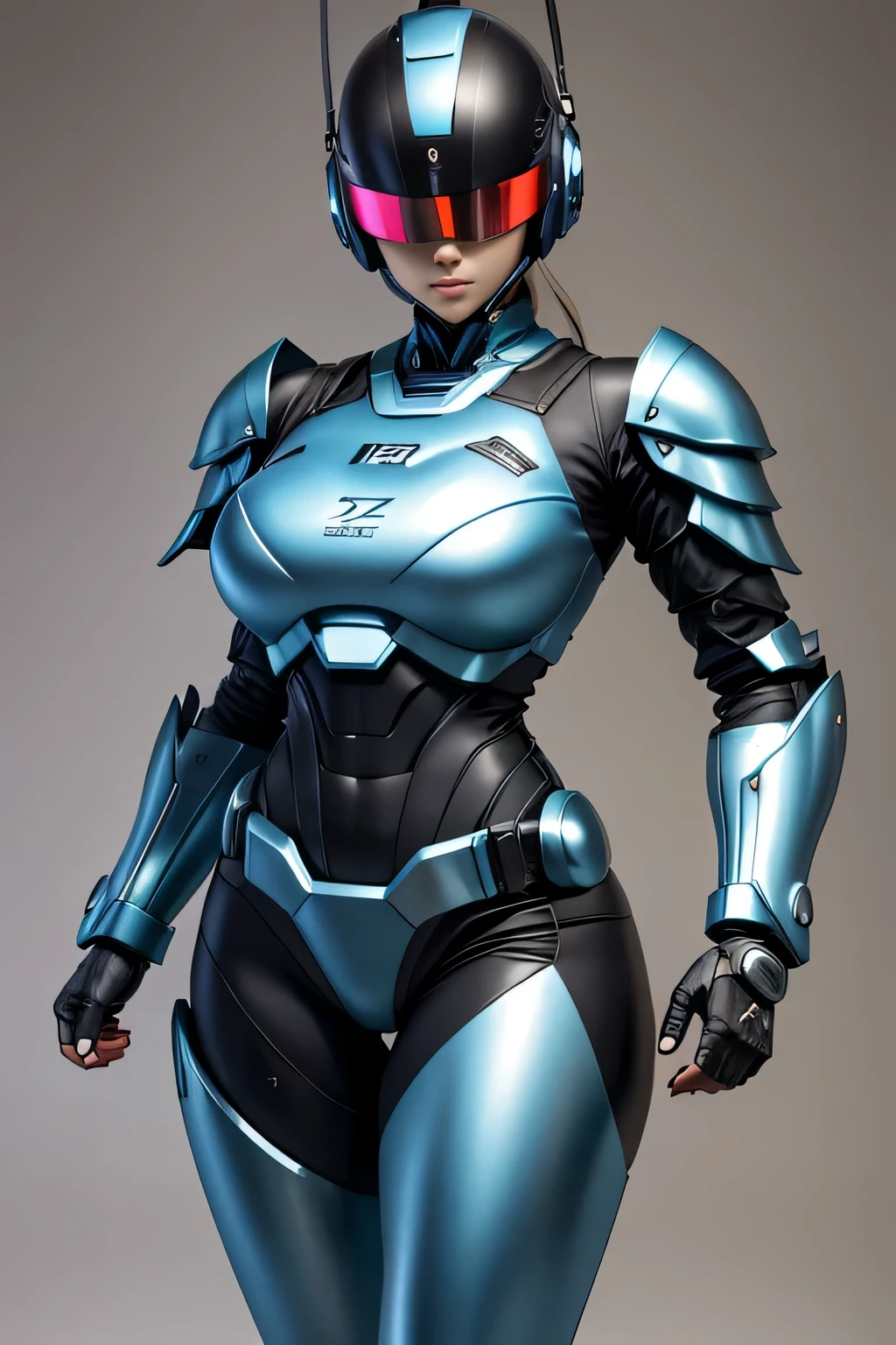 female robocop solo、Armor that completely covers the whole body、very large armor、helmet to hide eyes、rainbow armor、Armor that completely covers the chest、thin and long legs、Vibrant posel body view