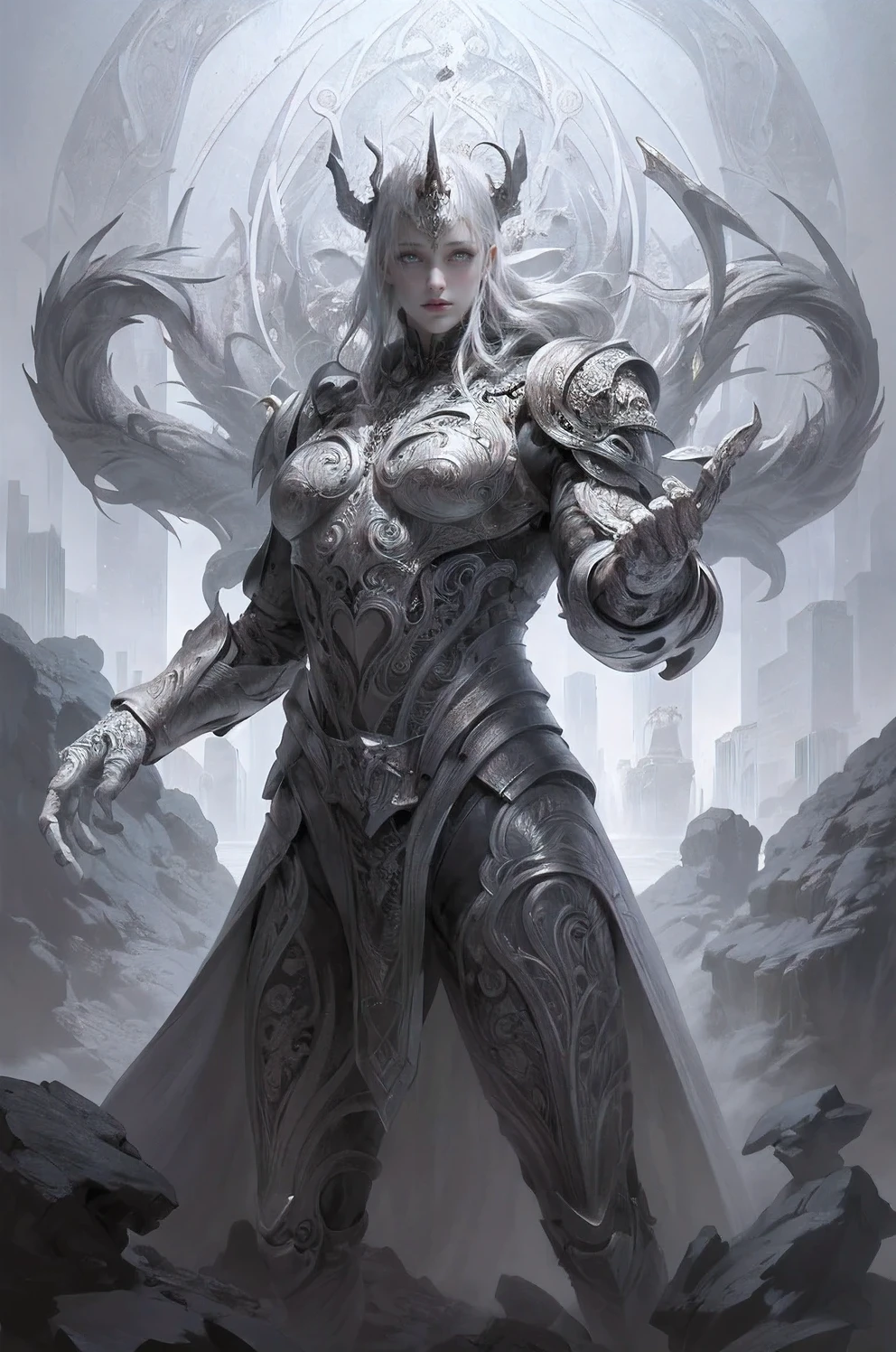 by Marvel and Anton Semenov, (fleeting , white , masterful:1.4), poster art, bold lines, hyper detailed, expressive, award winning, (movie still:1.4), (intricate details, masterpiece, best quality:1.4), looking at viewer, dynamic pose, wide angle view, dark limited palette, dramatic lighting,